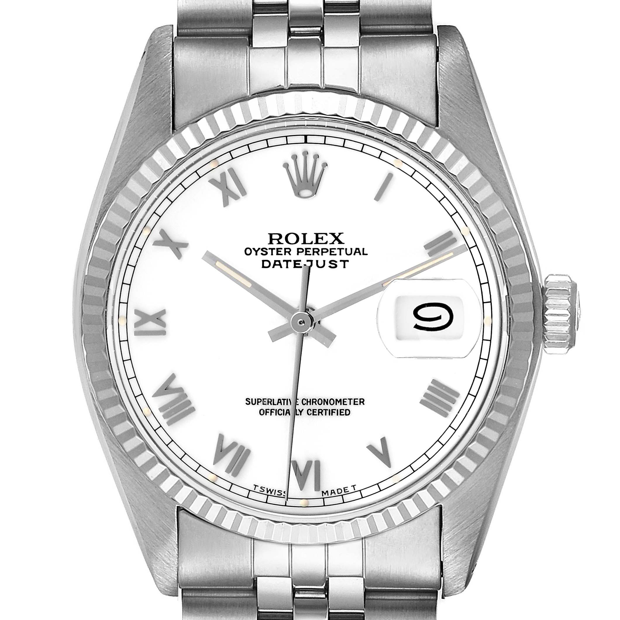 The Rolex Datejust 16014 Men
s Stainless Steel White Dial 16014 Men
s Stainless Steel White Dial watch is shown from the front, displaying the dial, bezel, crown, and part of the bracelet.