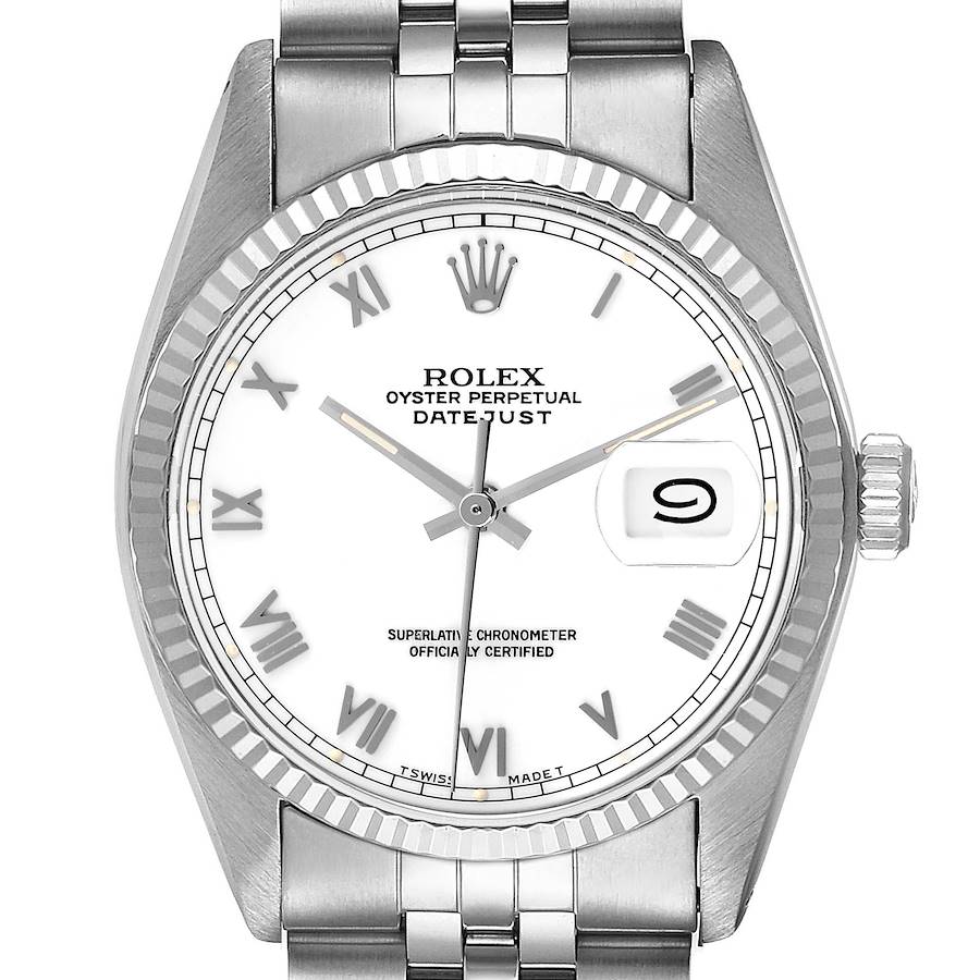 The Rolex Datejust watch is shown from the front, displaying the dial, bezel, crown, and part of the bracelet.