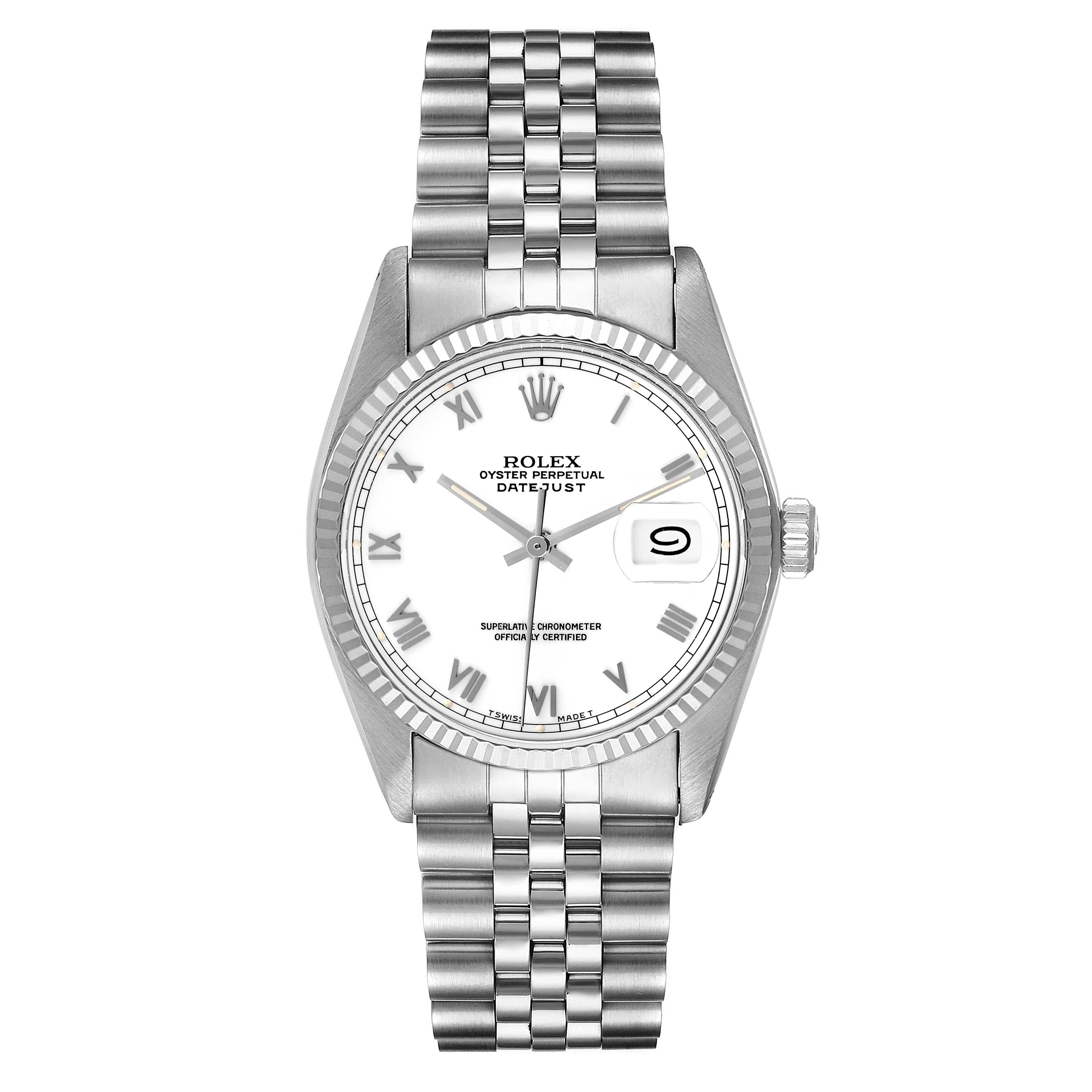 The Rolex Datejust 16014 Men
s Stainless Steel White Dial 16014 Men
s Stainless Steel White Dial watch is shown from a front angle, displaying the dial, bezel, bracelet, and date window.