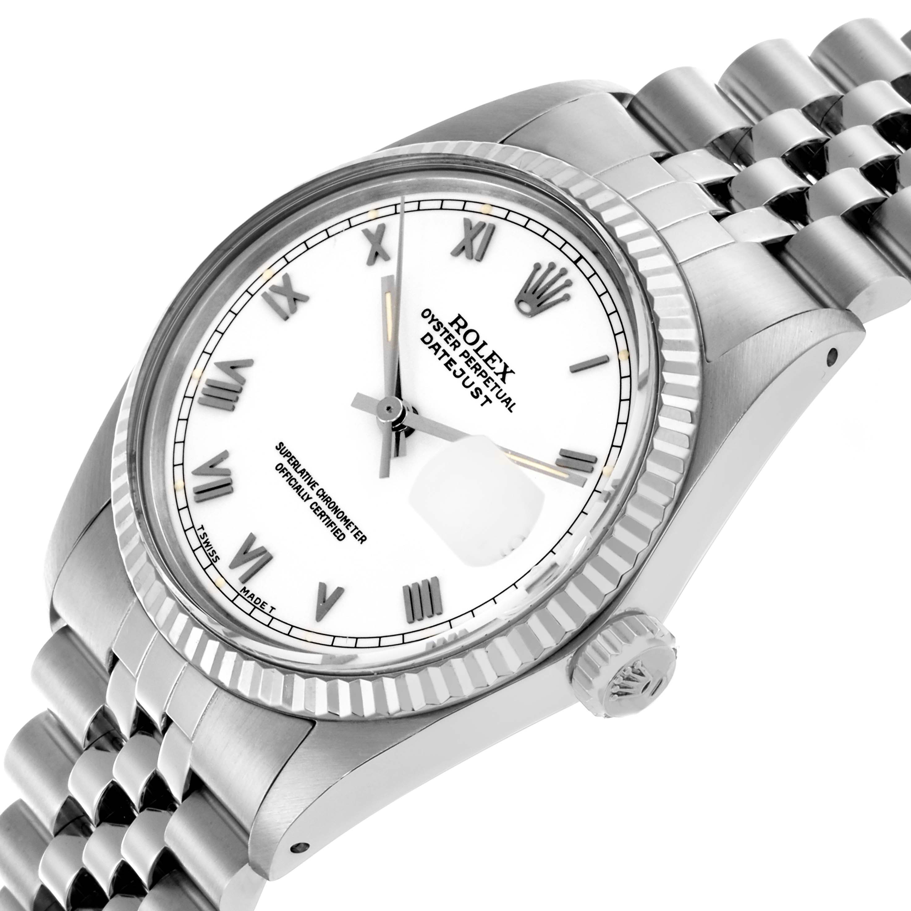 The image shows a Rolex Datejust 16014 Men
s Stainless Steel White Dial 16014 Men
s Stainless Steel White Dial at an angled view displaying the case, bezel, dial, crown, and partial bracelet.