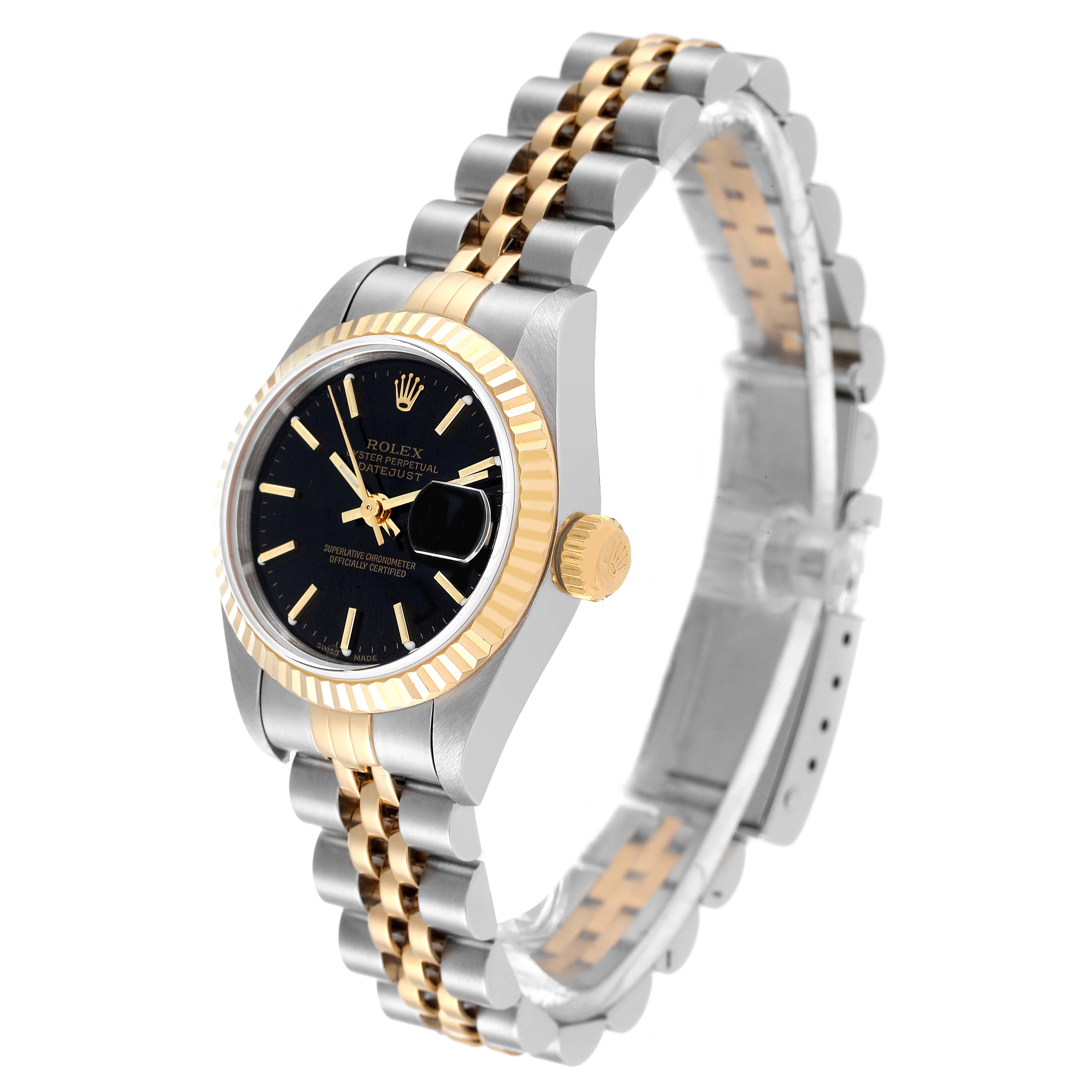 This photo of a Rolex Datejust 79173 Women's Steel and Gold (two tone) Black Dial 79173 Women's Steel and Gold (two tone) Black Dial watch is taken at a slight angle, showing the face, crown, bezel, and two-tone bracelet.