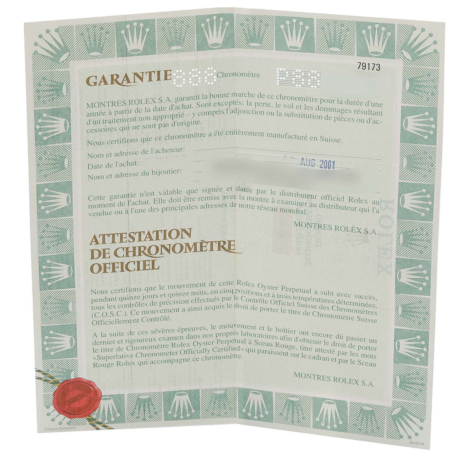 The image shows the official guarantee and chronometer certificate for a Rolex Datejust 79173 Women's Steel and Gold (two tone) Black Dial 79173 Women's Steel and Gold (two tone) Black Dial model, featuring the brand's logo and text.