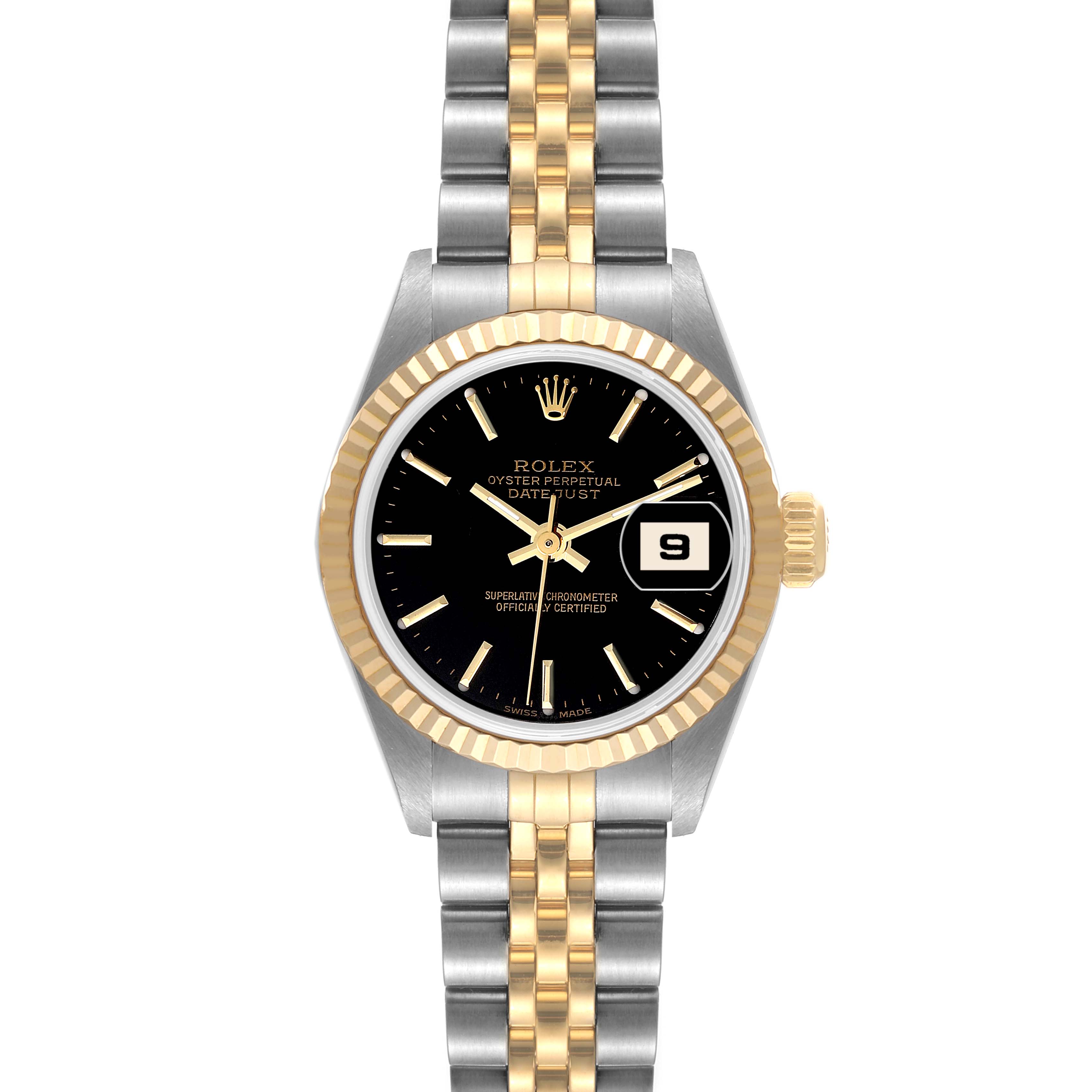 This is a front view of a Rolex Datejust 79173 Women's Steel and Gold (two tone) Black Dial 79173 Women's Steel and Gold (two tone) Black Dial watch showcasing its black dial, fluted bezel, and two-tone bracelet.