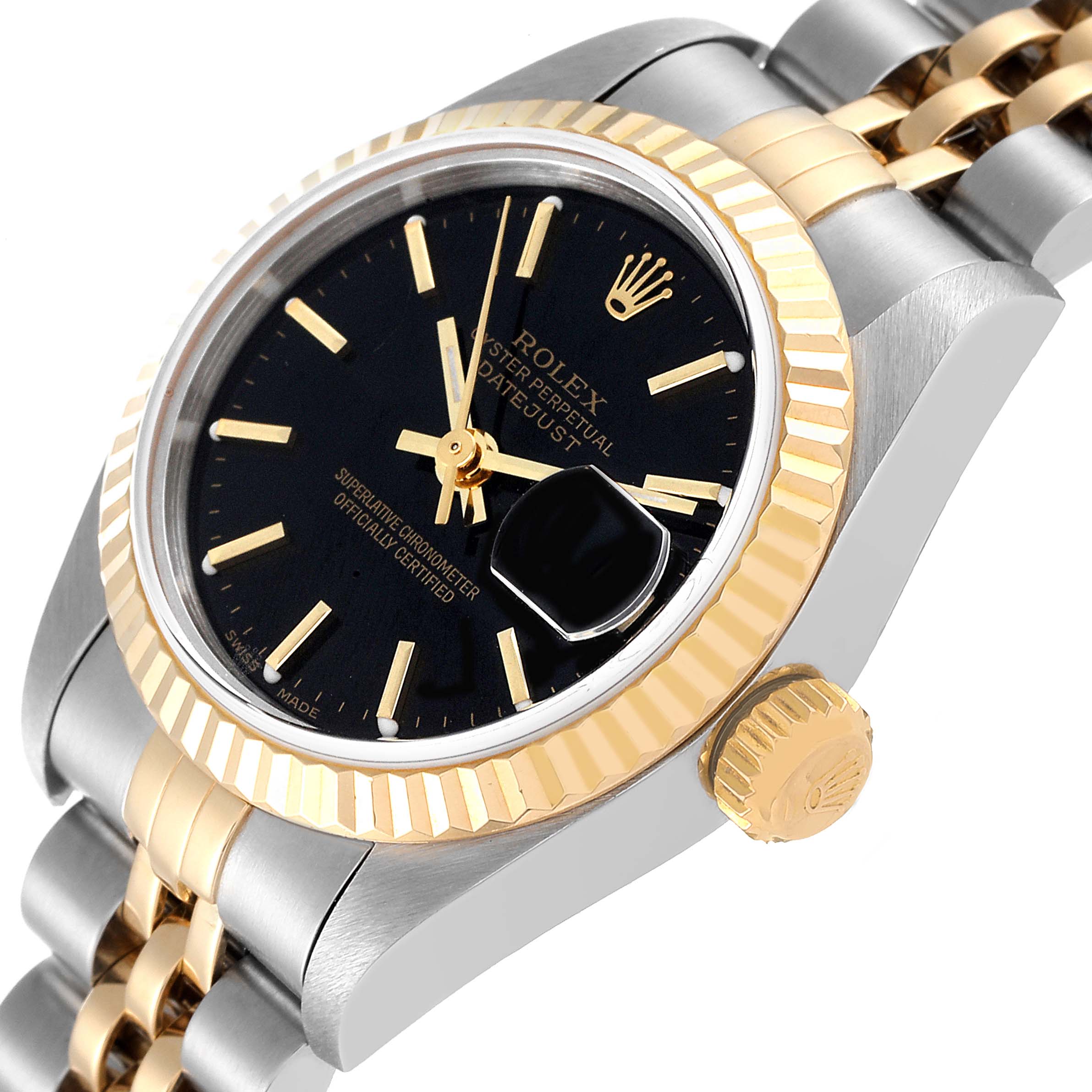 This Rolex Datejust 79173 Women's Steel and Gold (two tone) Black Dial 79173 Women's Steel and Gold (two tone) Black Dial watch is shown at a slight side angle, displaying its face, crown, portion of the bezel, and part of the bracelet.