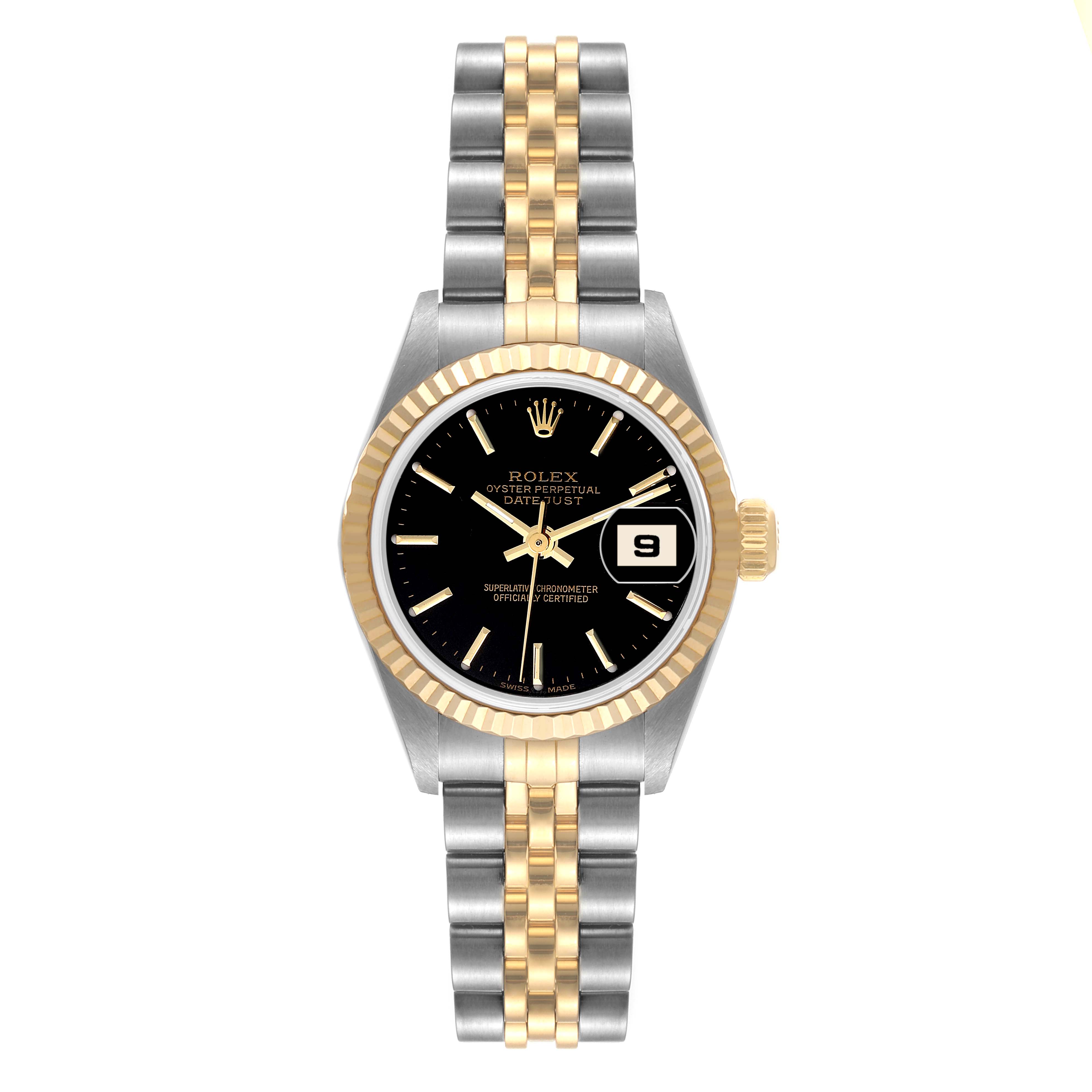 This is a front view of a Rolex Datejust 79173 Women's Steel and Gold (two tone) Black Dial 79173 Women's Steel and Gold (two tone) Black Dial watch, showing the black dial, date window, bezel, and two-tone bracelet.