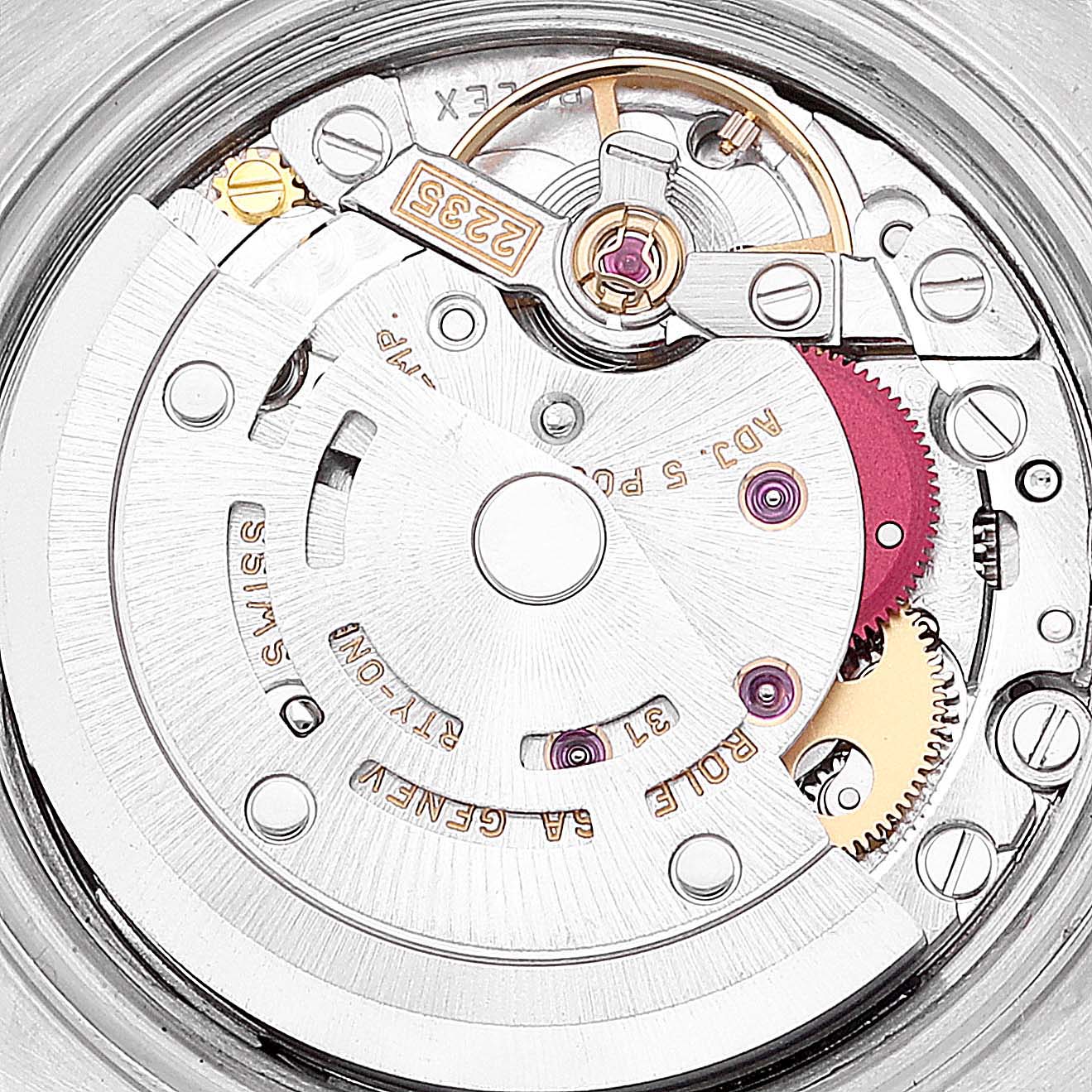 The image shows a close-up view of the movement mechanism of a Rolex Datejust 79173 Women's Steel and Gold (two tone) Black Dial 79173 Women's Steel and Gold (two tone) Black Dial watch.