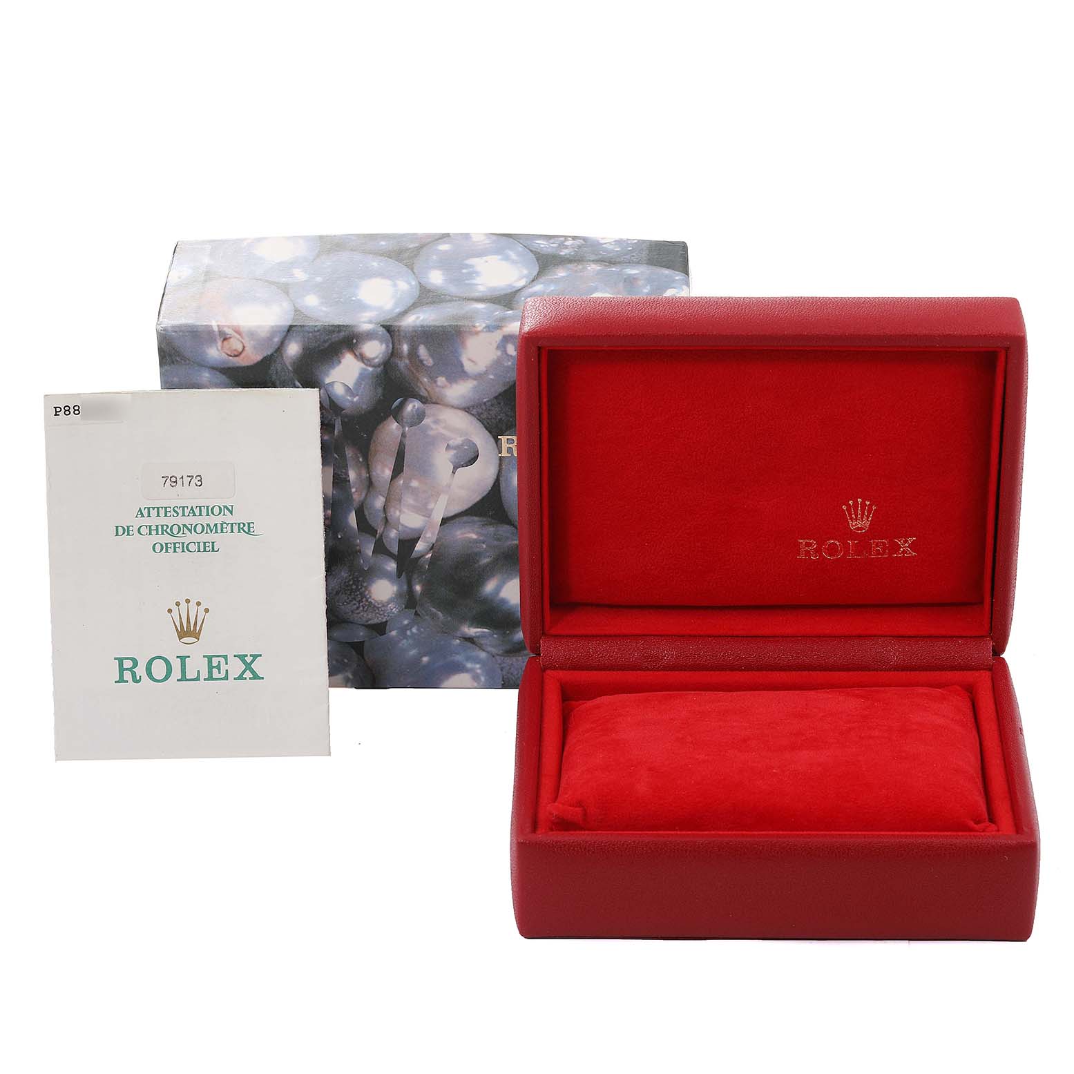 The image shows a Rolex Datejust 79173 Women's Steel and Gold (two tone) Black Dial 79173 Women's Steel and Gold (two tone) Black Dial watch's box, a certificate, and a decorative outer box.