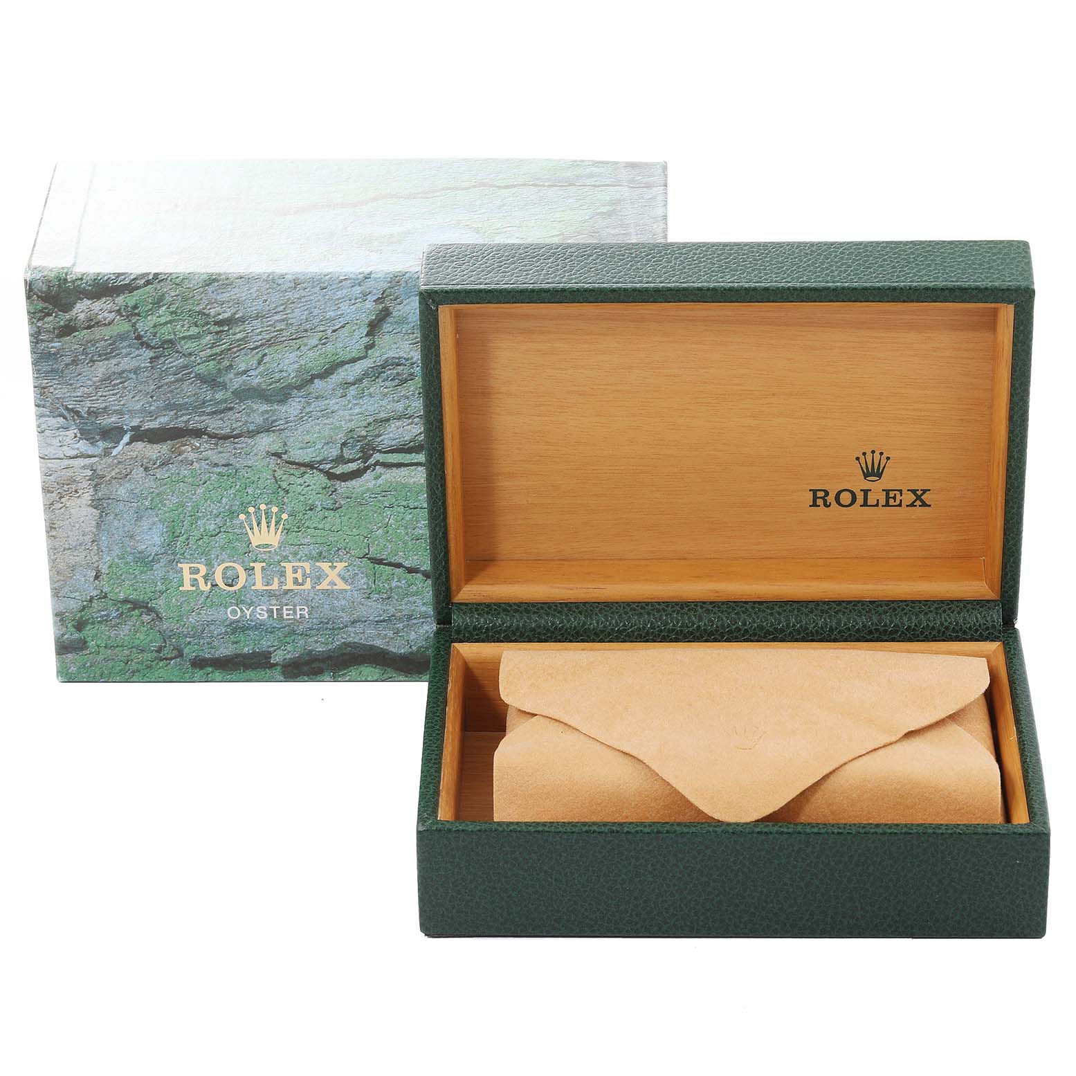 The image shows the packaging for a Rolex Datejust 16233 Men's Steel and Gold (two tone) Blue Dial 16233 Men's Steel and Gold (two tone) Blue Dial, including the outer box, green inner box, and a tan pouch inside.