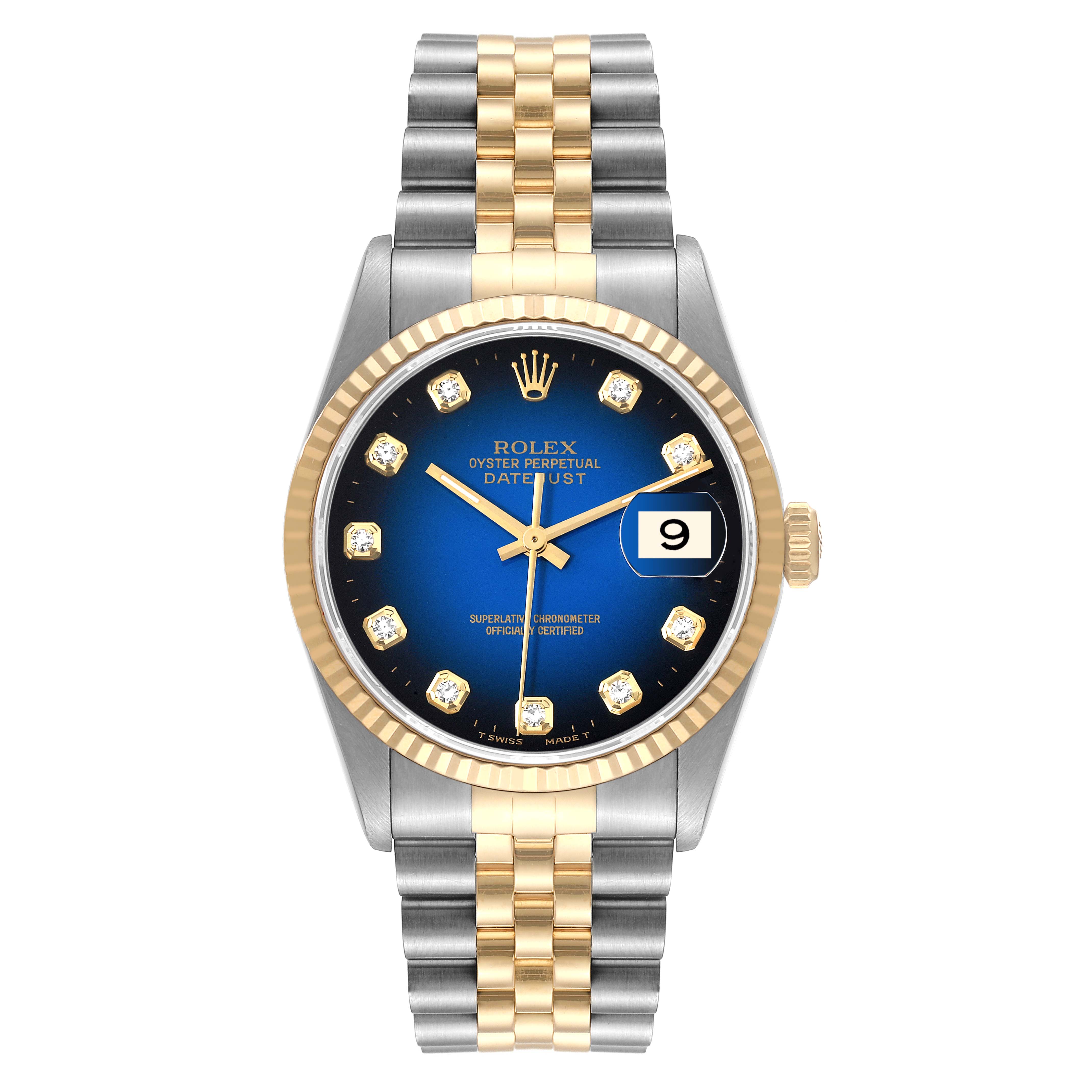 This image shows a front view of the Rolex Datejust 16233 Men's Steel and Gold (two tone) Blue Dial 16233 Men's Steel and Gold (two tone) Blue Dial watch, including the dial, bezel, hands, crown, and two-tone bracelet.