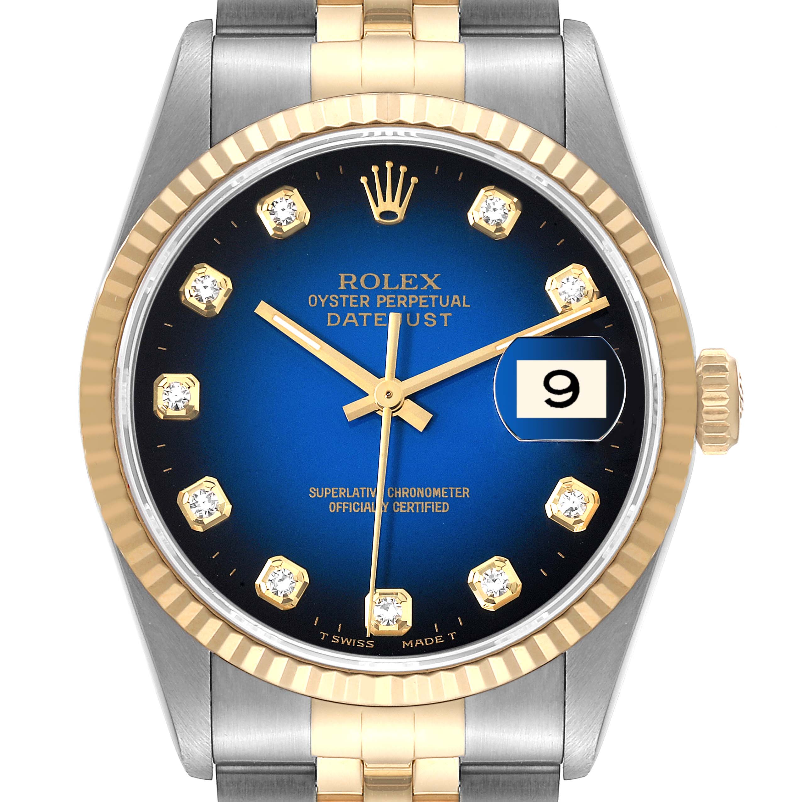The image shows a front view of the Rolex Datejust 16233 Men's Steel and Gold (two tone) Blue Dial 16233 Men's Steel and Gold (two tone) Blue Dial watch featuring a blue dial, gold markers, and a two-tone bracelet.