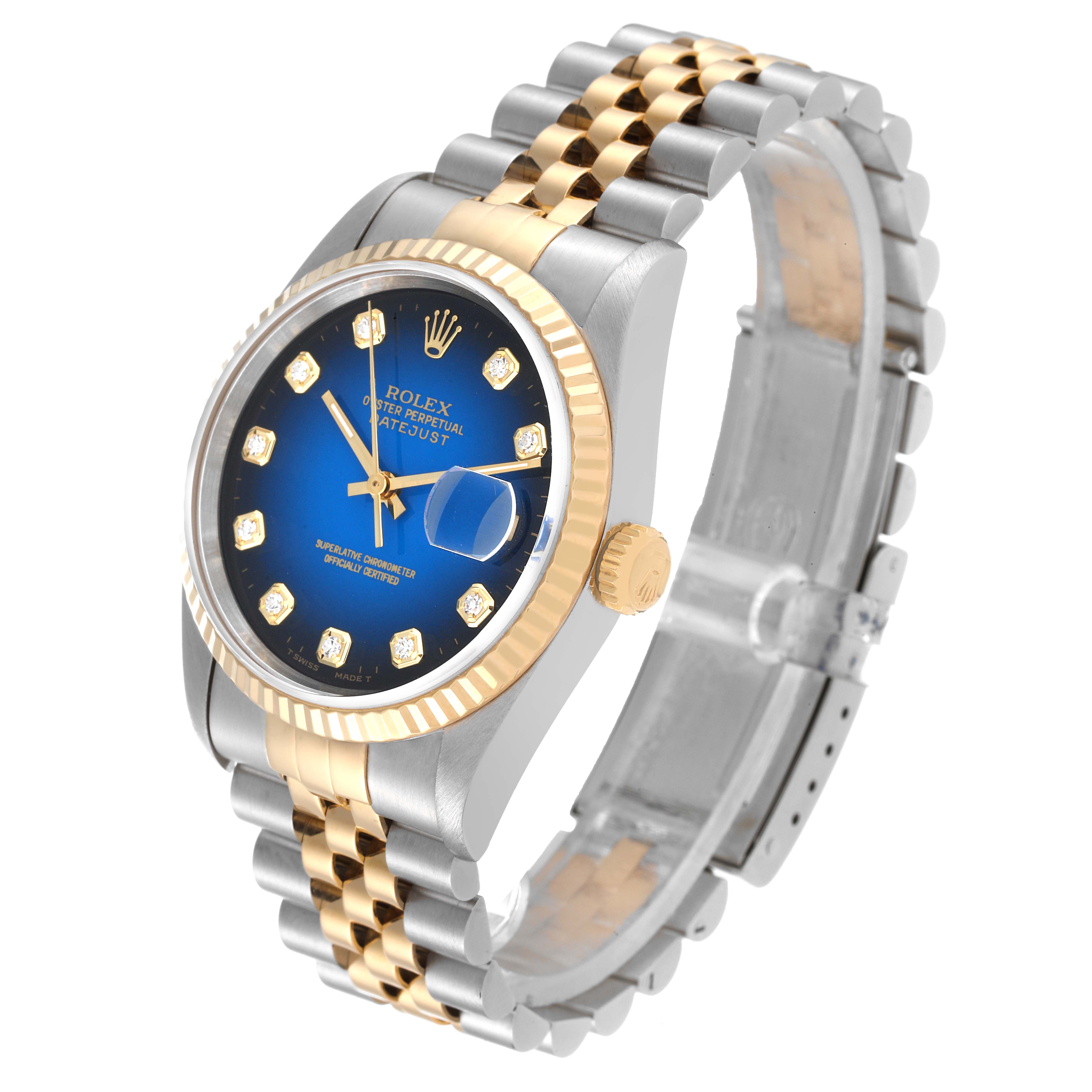 The image shows a Rolex Datejust 16233 Men's Steel and Gold (two tone) Blue Dial 16233 Men's Steel and Gold (two tone) Blue Dial watch at a three-quarter angle, highlighting the dial, bezel, and bracelet.