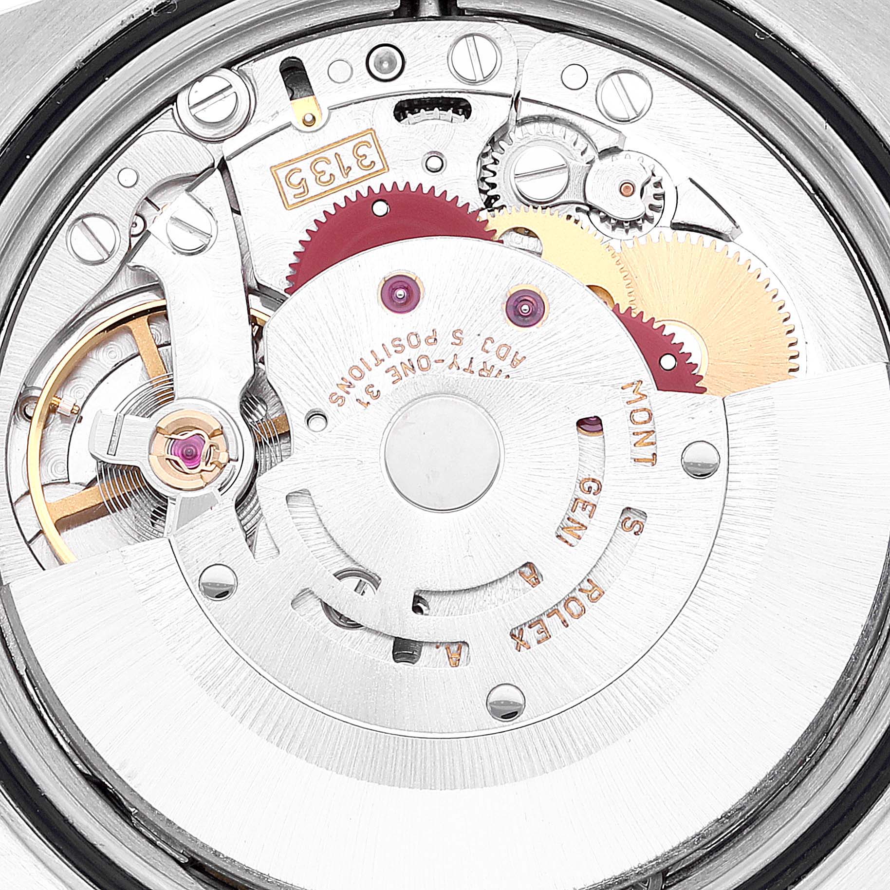 This image shows a close-up of the movement mechanism of a Rolex Datejust 16233 Men's Steel and Gold (two tone) Blue Dial 16233 Men's Steel and Gold (two tone) Blue Dial watch.