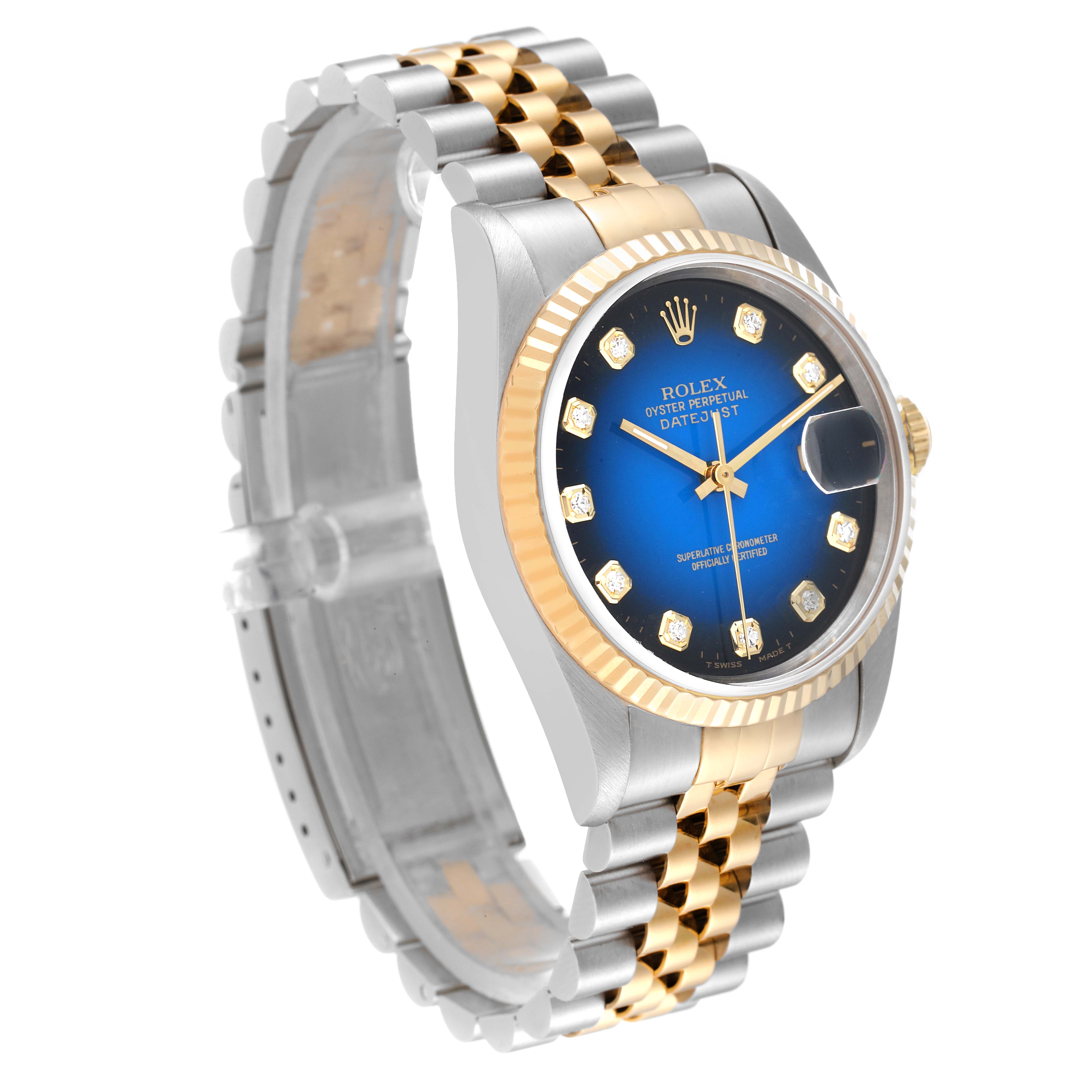 This image shows a Rolex Datejust 16233 Men's Steel and Gold (two tone) Blue Dial 16233 Men's Steel and Gold (two tone) Blue Dial watch at an angled front view, highlighting its bezel, dial, bracelet, and clasp.