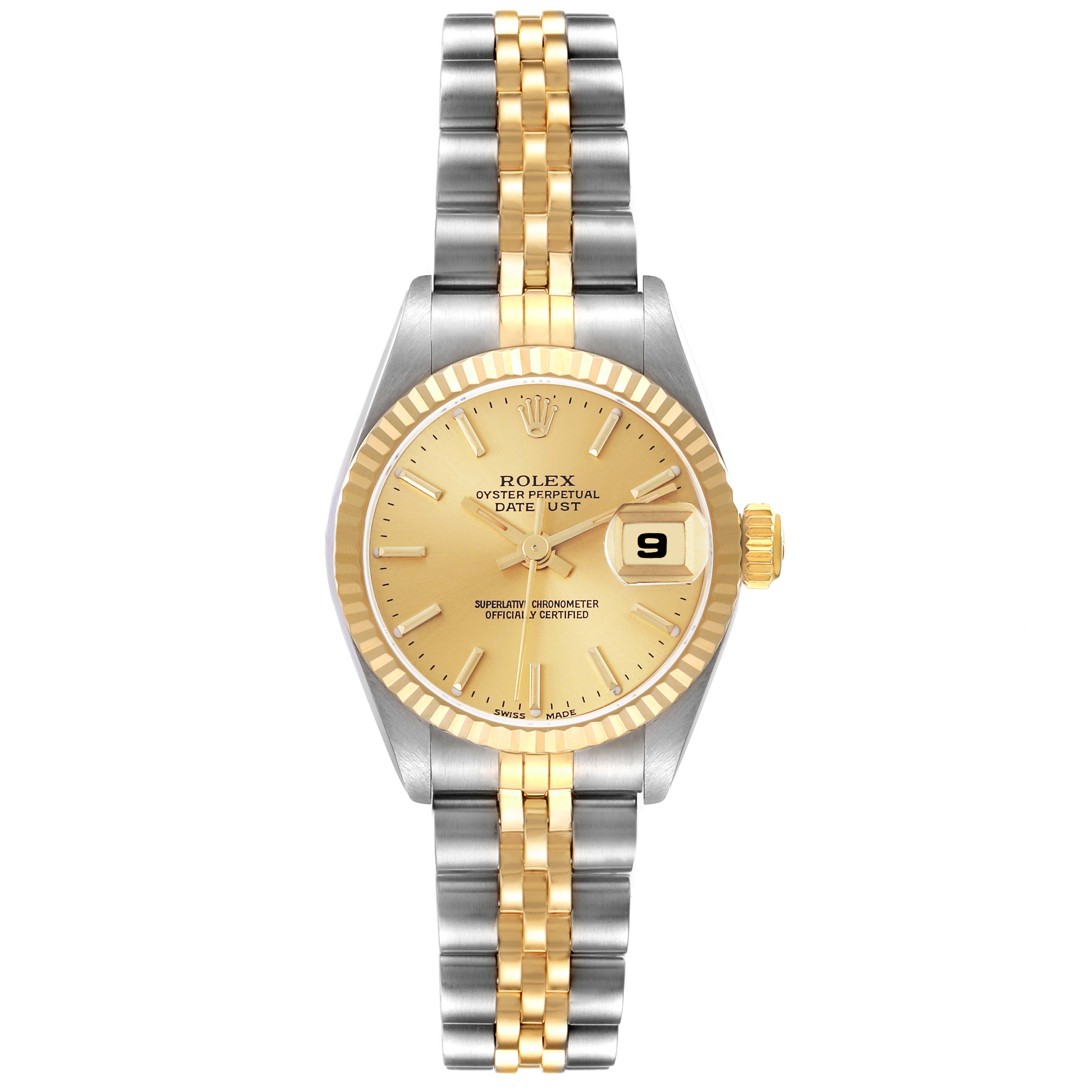 The Rolex Datejust 69173 Women's Steel and Gold (two tone) Champagne Dial 69173 Women's Steel and Gold (two tone) Champagne Dial watch is shown from a front angle, displaying the dial, bezel, bracelet, and date window.