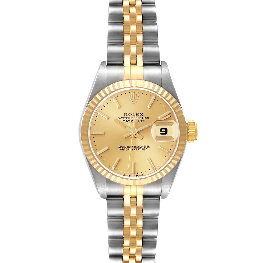 The Rolex Datejust watch is shown from a front angle, highlighting the dial, bezel, and two-tone bracelet.