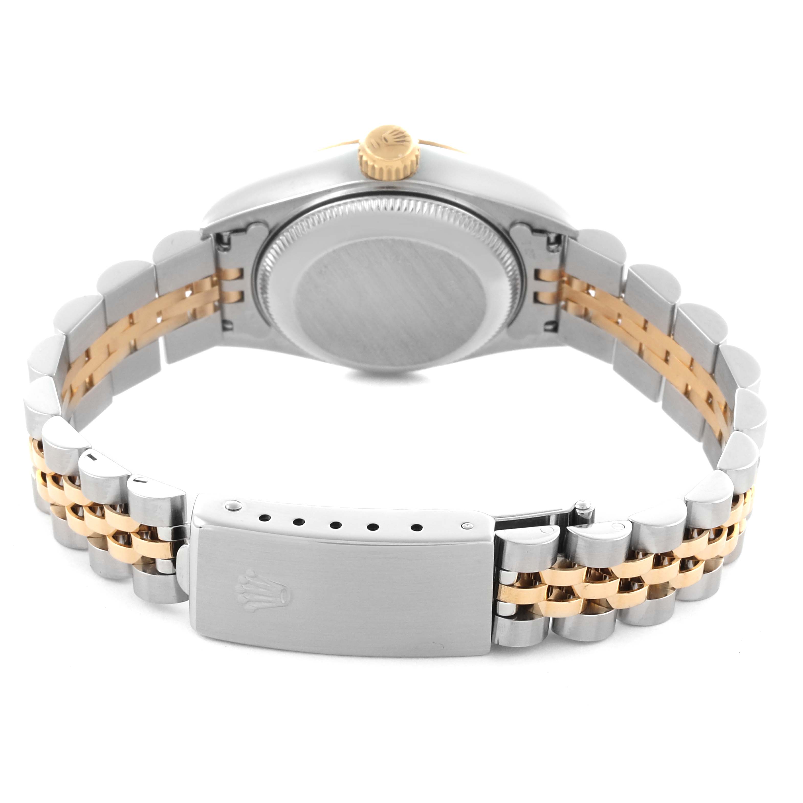 The image shows the back view of a Rolex Datejust 69173 Women's Steel and Gold (two tone) Champagne Dial 69173 Women's Steel and Gold (two tone) Champagne Dial watch, highlighting the case back, crown, and two-tone bracelet with clasp.