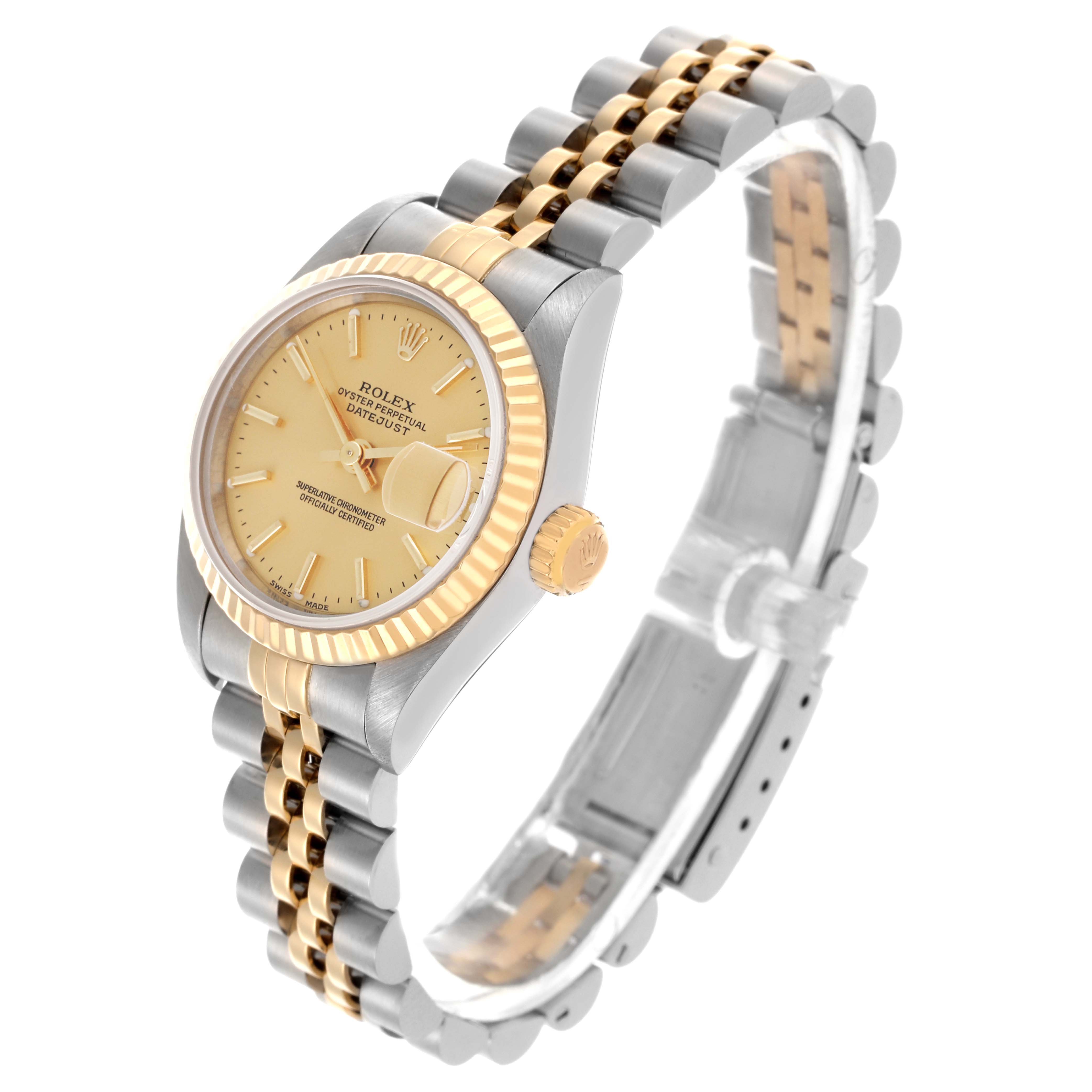 The Rolex Datejust 69173 Women's Steel and Gold (two tone) Champagne Dial 69173 Women's Steel and Gold (two tone) Champagne Dial watch is shown at a three-quarter angle, highlighting the bezel, face, crown, and two-tone bracelet.