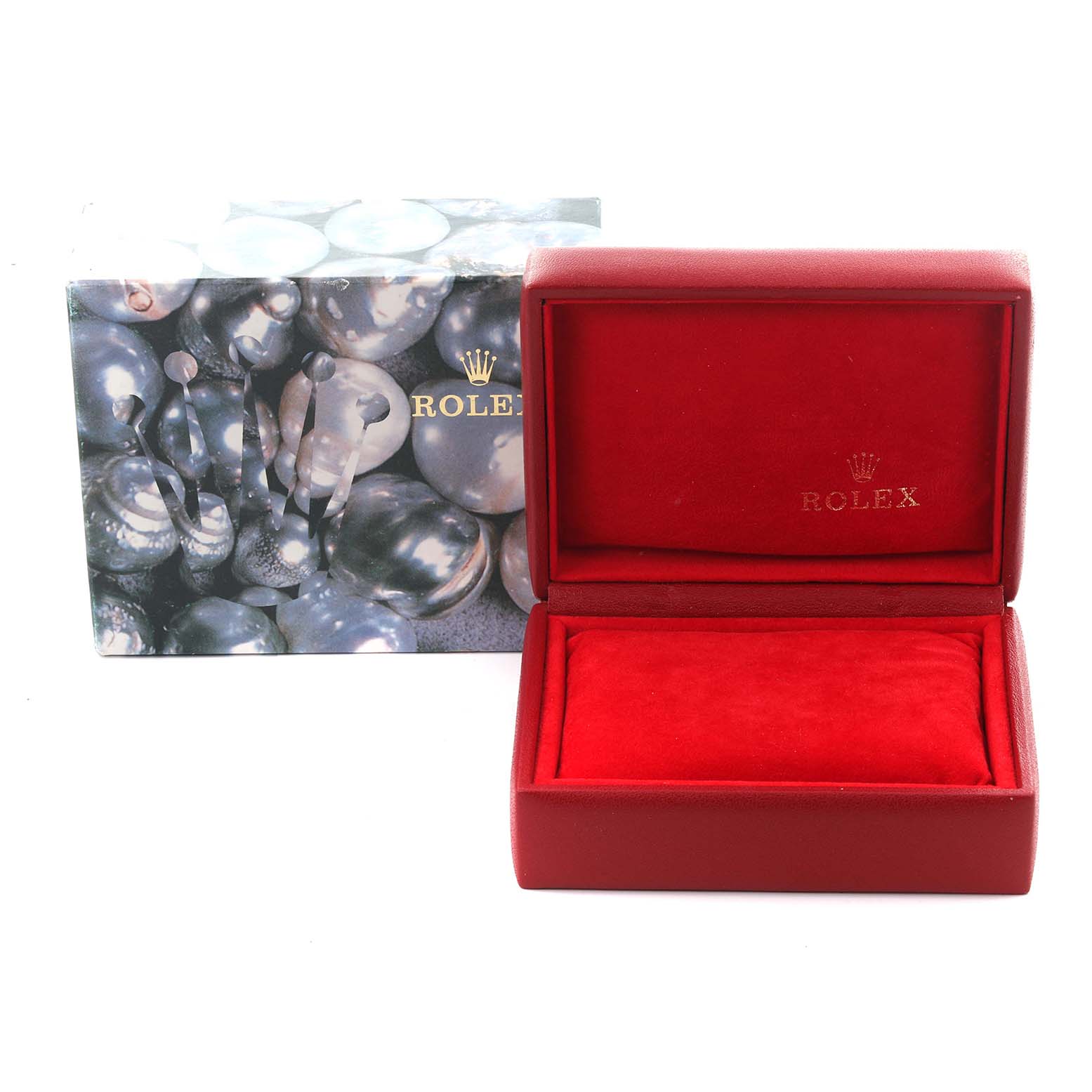 The image shows a Rolex Datejust 69173 Women's Steel and Gold (two tone) Champagne Dial 69173 Women's Steel and Gold (two tone) Champagne Dial box and packaging with a red interior and decorative exterior.