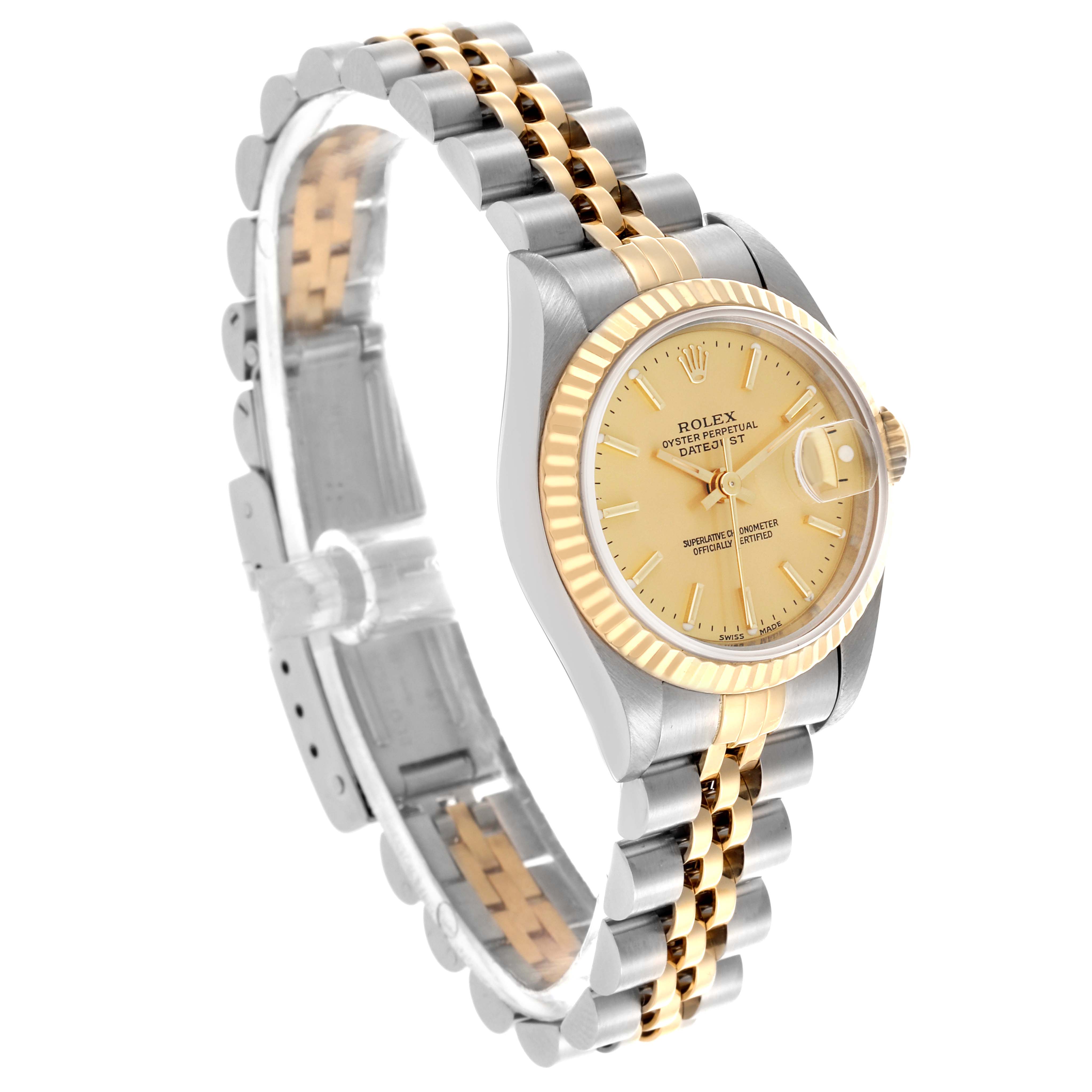 The Rolex Datejust 69173 Women's Steel and Gold (two tone) Champagne Dial 69173 Women's Steel and Gold (two tone) Champagne Dial watch is shown at a three-quarter angle, displaying the dial, fluted bezel, and two-tone bracelet.