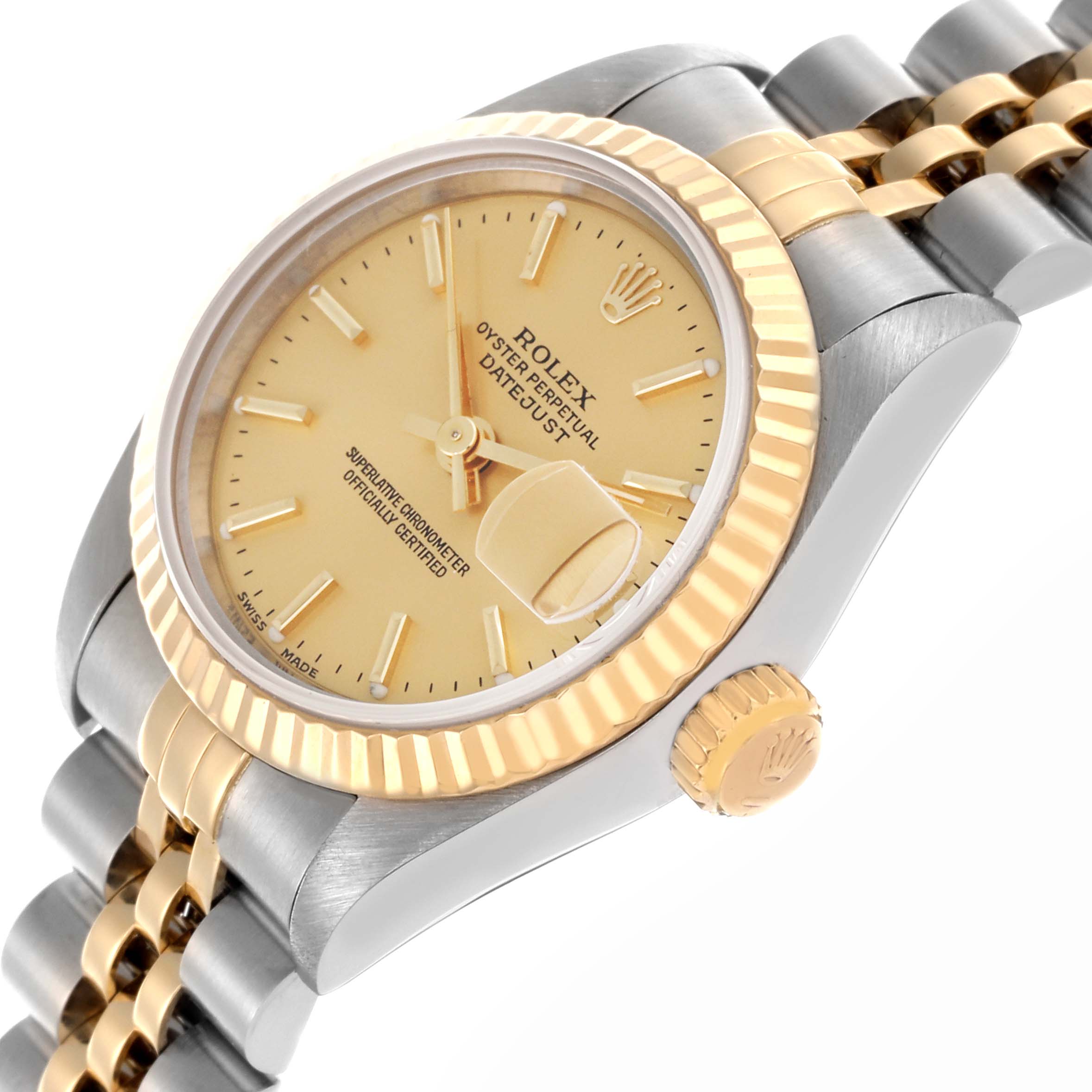The Rolex Datejust 69173 Women's Steel and Gold (two tone) Champagne Dial 69173 Women's Steel and Gold (two tone) Champagne Dial watch is shown at an angled close-up, highlighting the dial, bezel, crown, and two-tone bracelet.