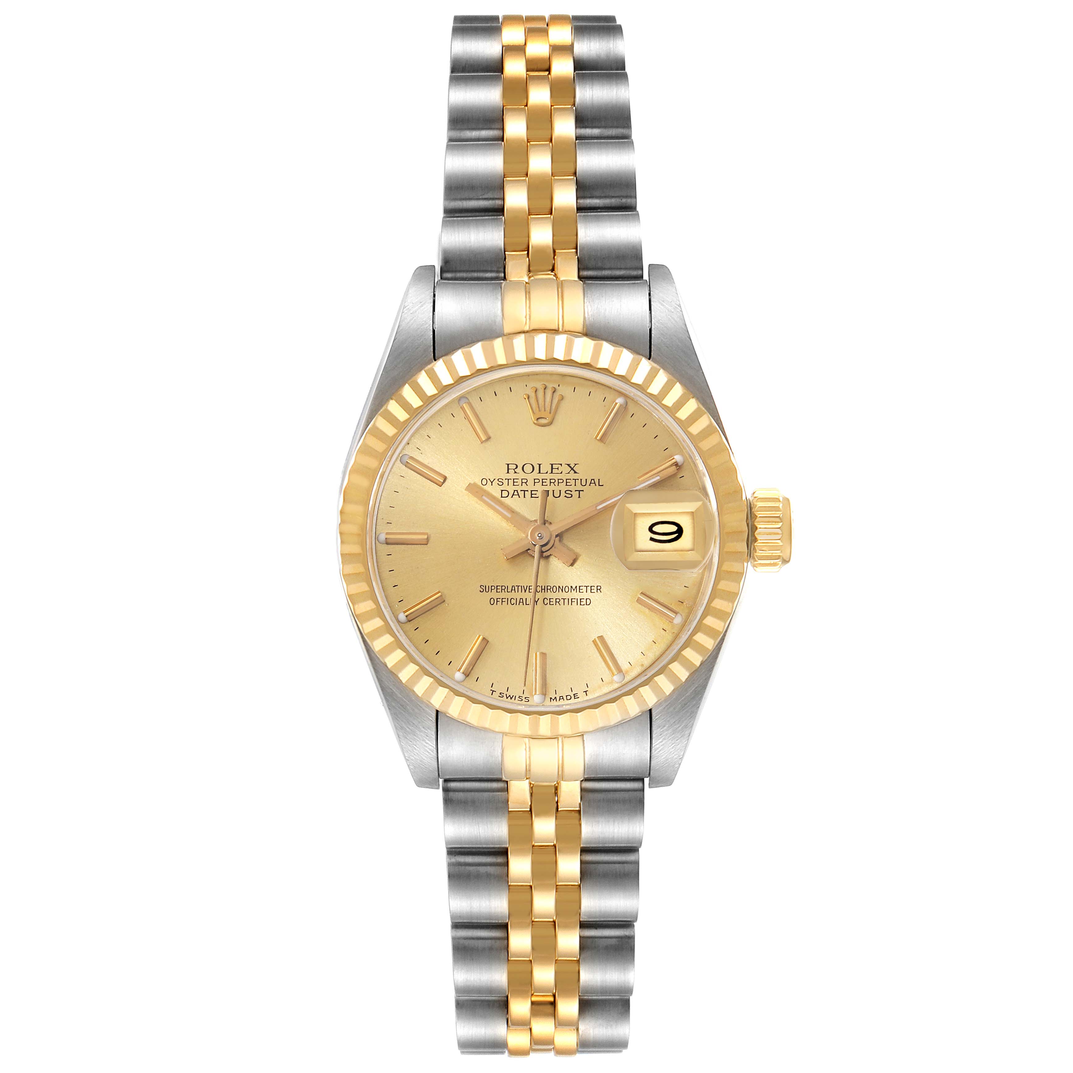 This is a front view of a Rolex Datejust 69173 Women's Steel and Gold (two tone) Champagne Dial 69173 Women's Steel and Gold (two tone) Champagne Dial watch, showing the dial, bezel, crown, and Jubilee bracelet.