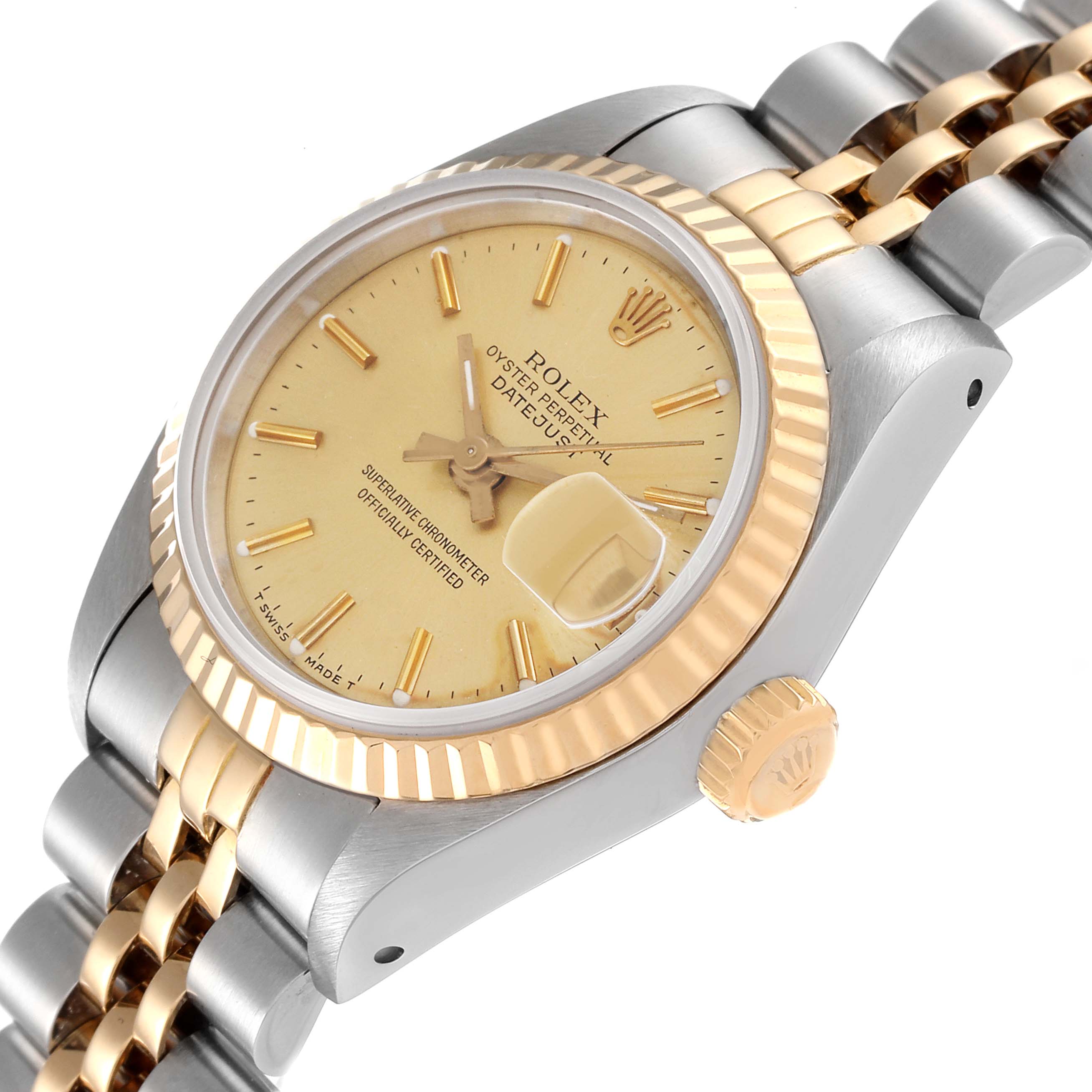 This image shows a Rolex Datejust 69173 Women's Steel and Gold (two tone) Champagne Dial 69173 Women's Steel and Gold (two tone) Champagne Dial watch at a slight angle, highlighting its dial, bezel, crown, and part of the band.