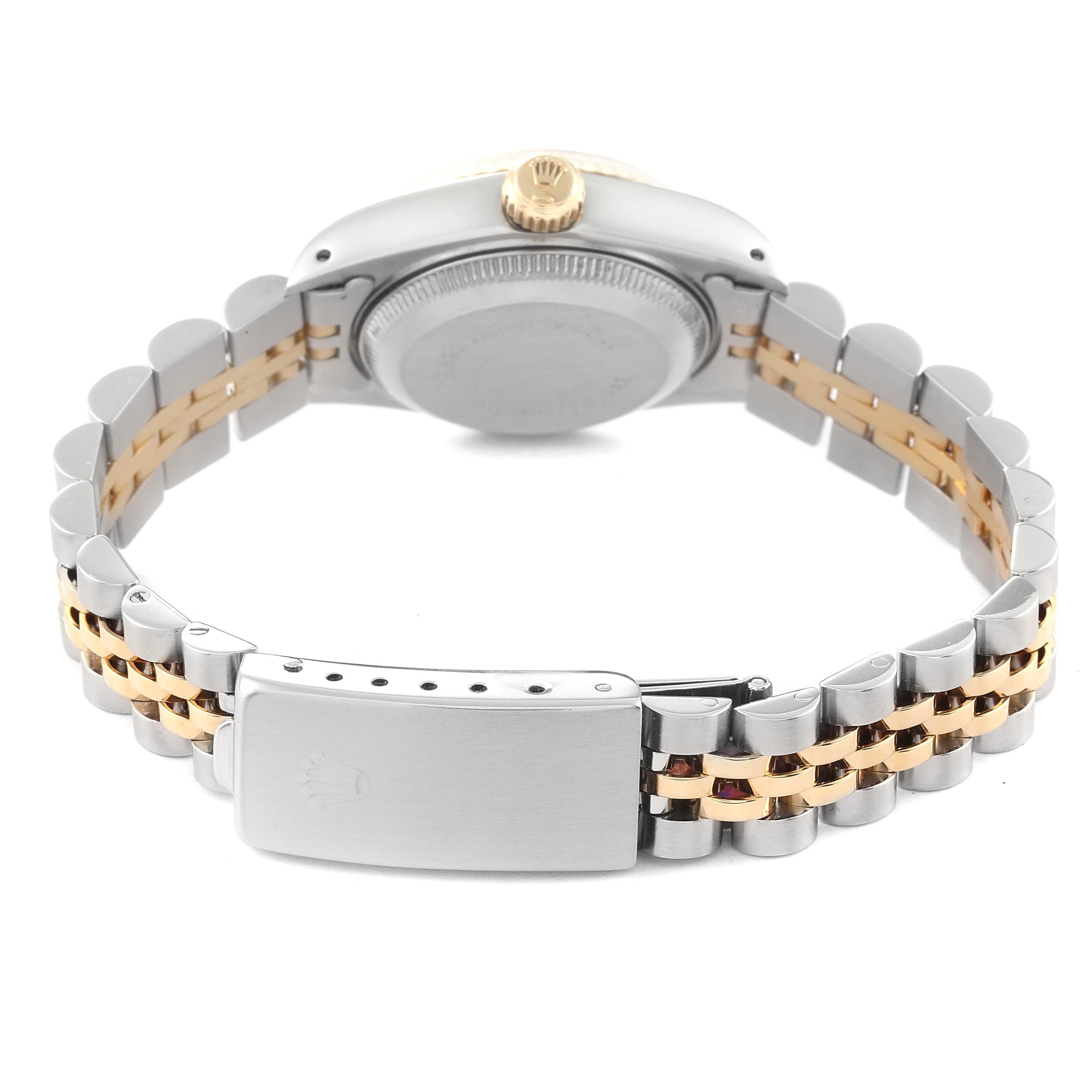 This image shows the back view of a Rolex Datejust 69173 Women's Steel and Gold (two tone) Champagne Dial 69173 Women's Steel and Gold (two tone) Champagne Dial watch, focusing on the case back and the jubilee bracelet with a clasp.