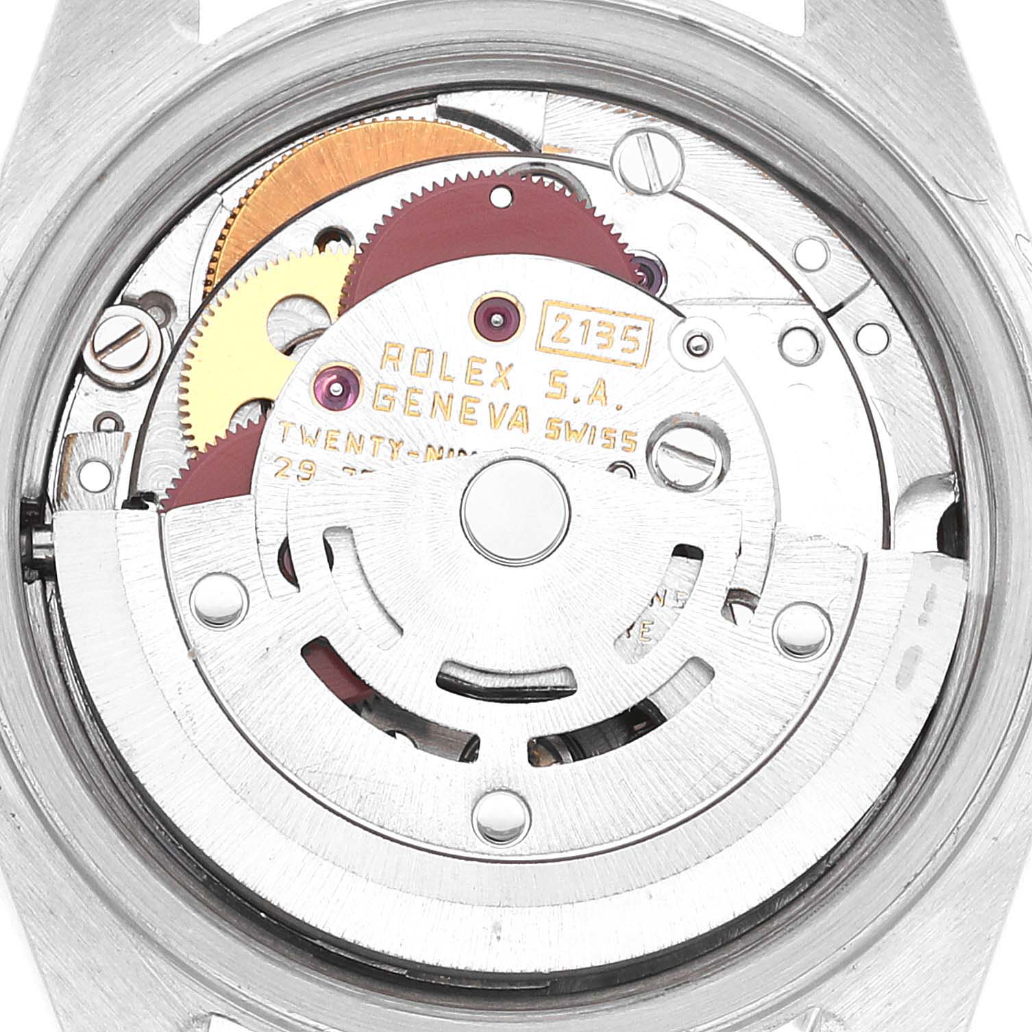 The image shows the internal mechanical movement of a Rolex Datejust 69173 Women's Steel and Gold (two tone) Champagne Dial 69173 Women's Steel and Gold (two tone) Champagne Dial watch, focusing on the rotor and visible gears.