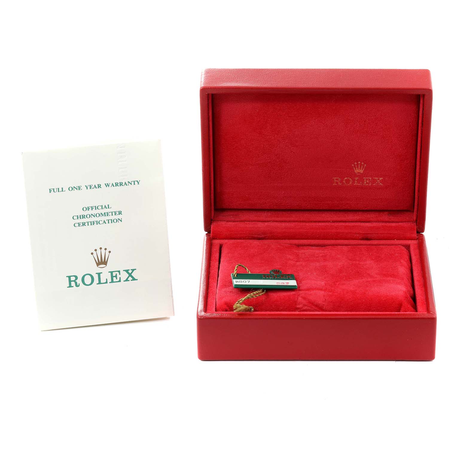 The image shows a Rolex Datejust 69173 Women's Steel and Gold (two tone) Champagne Dial 69173 Women's Steel and Gold (two tone) Champagne Dial watch's red box, warranty booklet, and tag from a frontal angle.