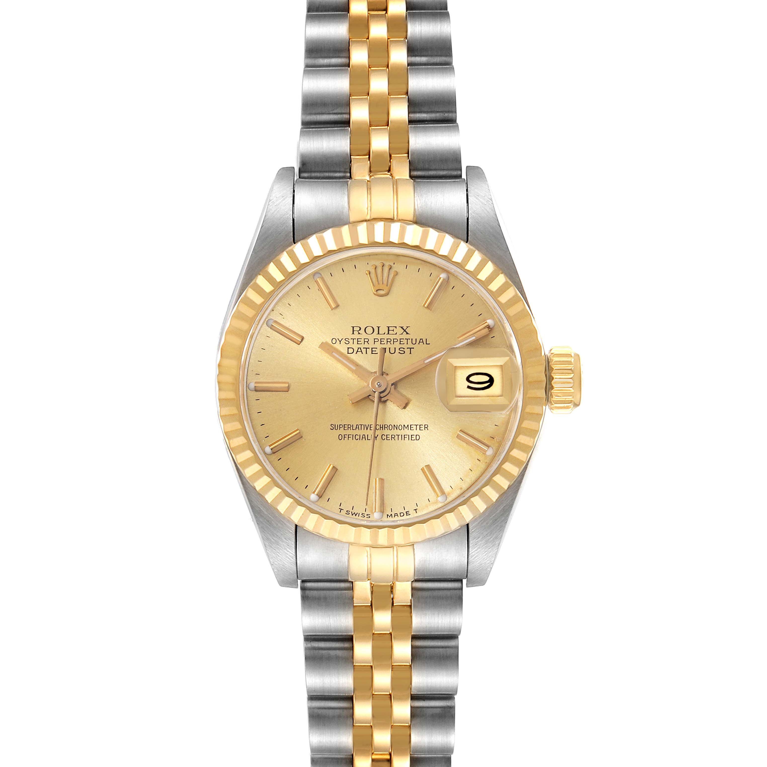 This image shows a Rolex Datejust 69173 Women's Steel and Gold (two tone) Champagne Dial 69173 Women's Steel and Gold (two tone) Champagne Dial watch from a front angle, displaying the face, bezel, and part of the bracelet.