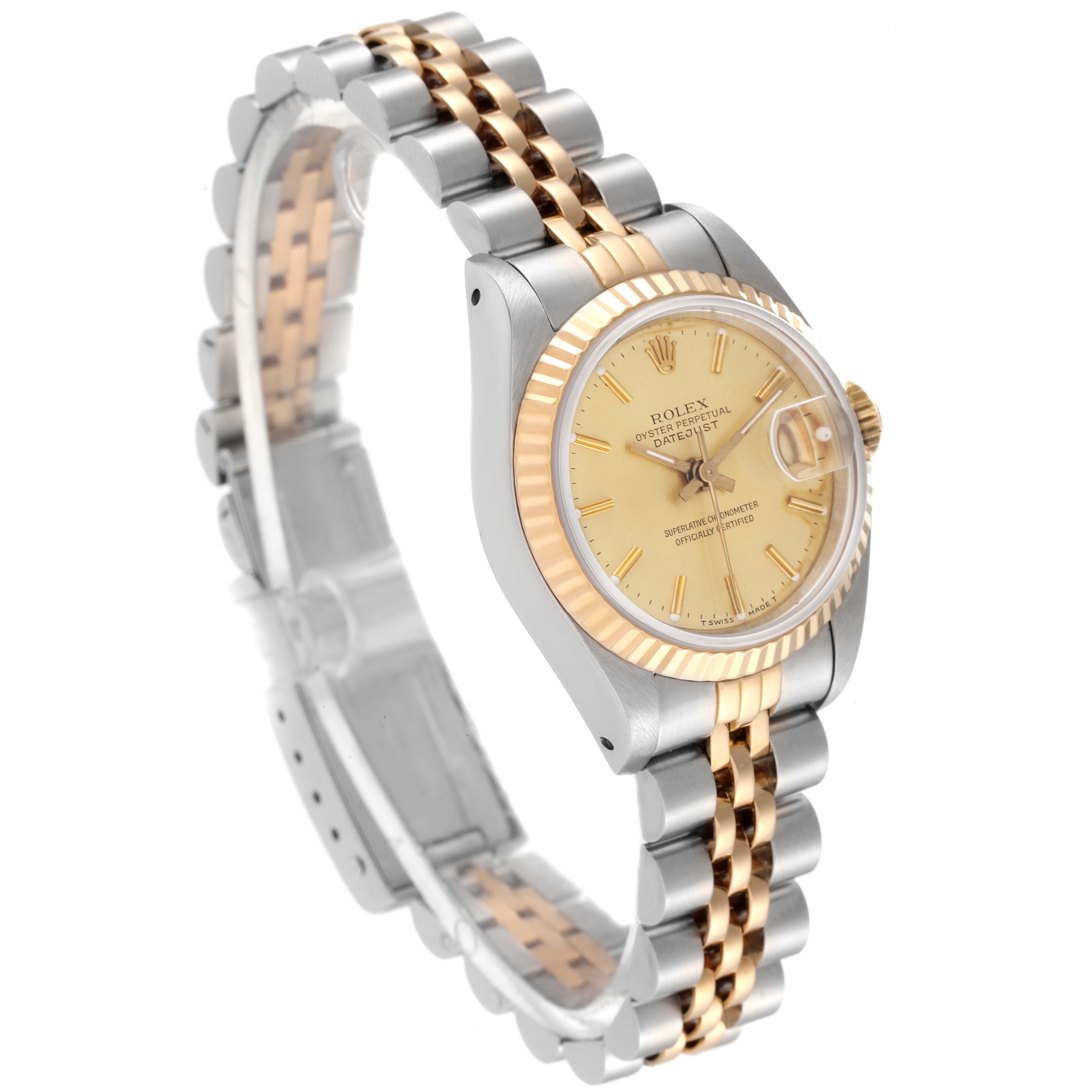 This image shows a Rolex Datejust 69173 Women's Steel and Gold (two tone) Champagne Dial 69173 Women's Steel and Gold (two tone) Champagne Dial watch at a three-quarter angle, highlighting the face, bezel, and Jubilee bracelet in two-tone metal.