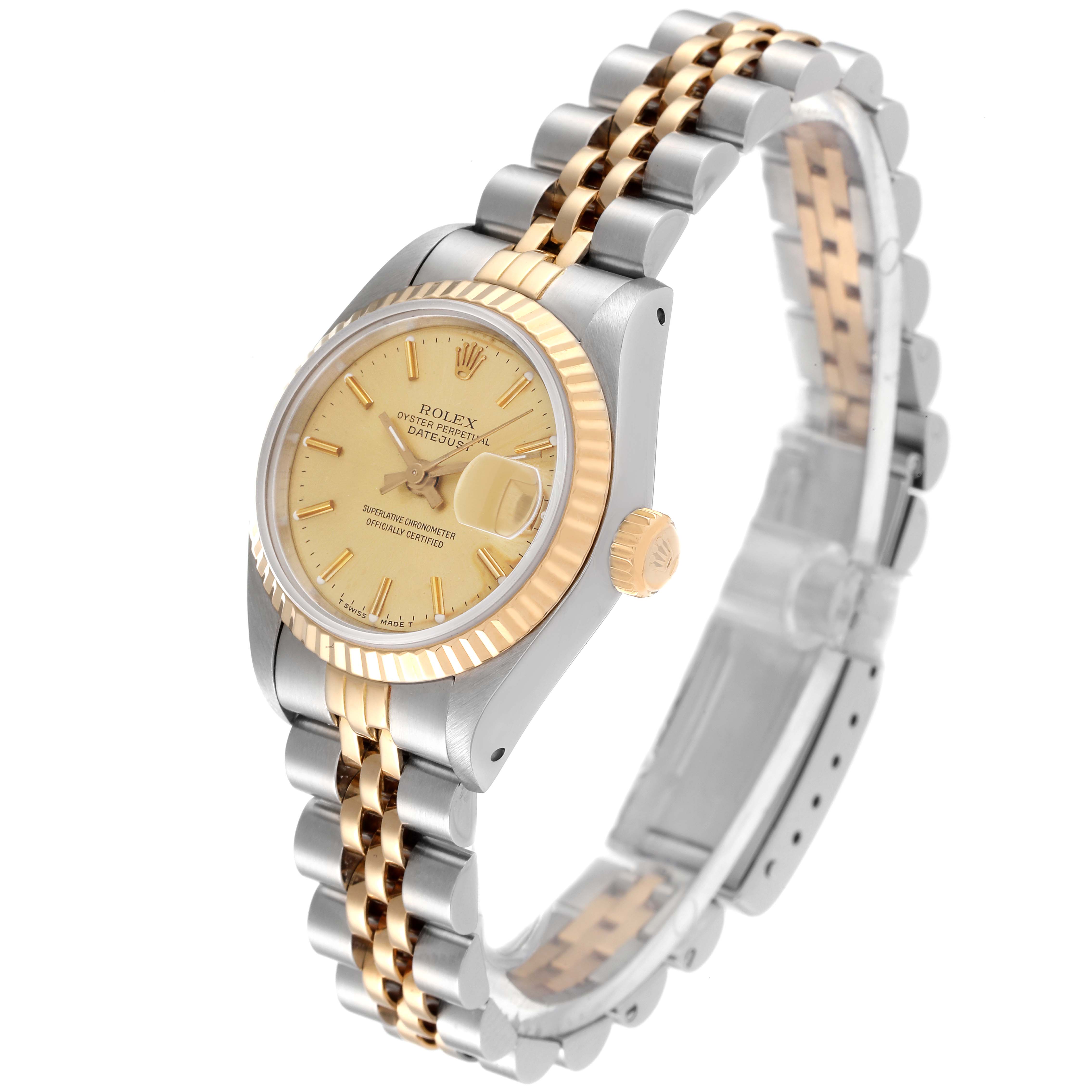 This image shows a side angle view of the Rolex Datejust 69173 Women's Steel and Gold (two tone) Champagne Dial 69173 Women's Steel and Gold (two tone) Champagne Dial watch, highlighting its two-tone bracelet and gold bezel.