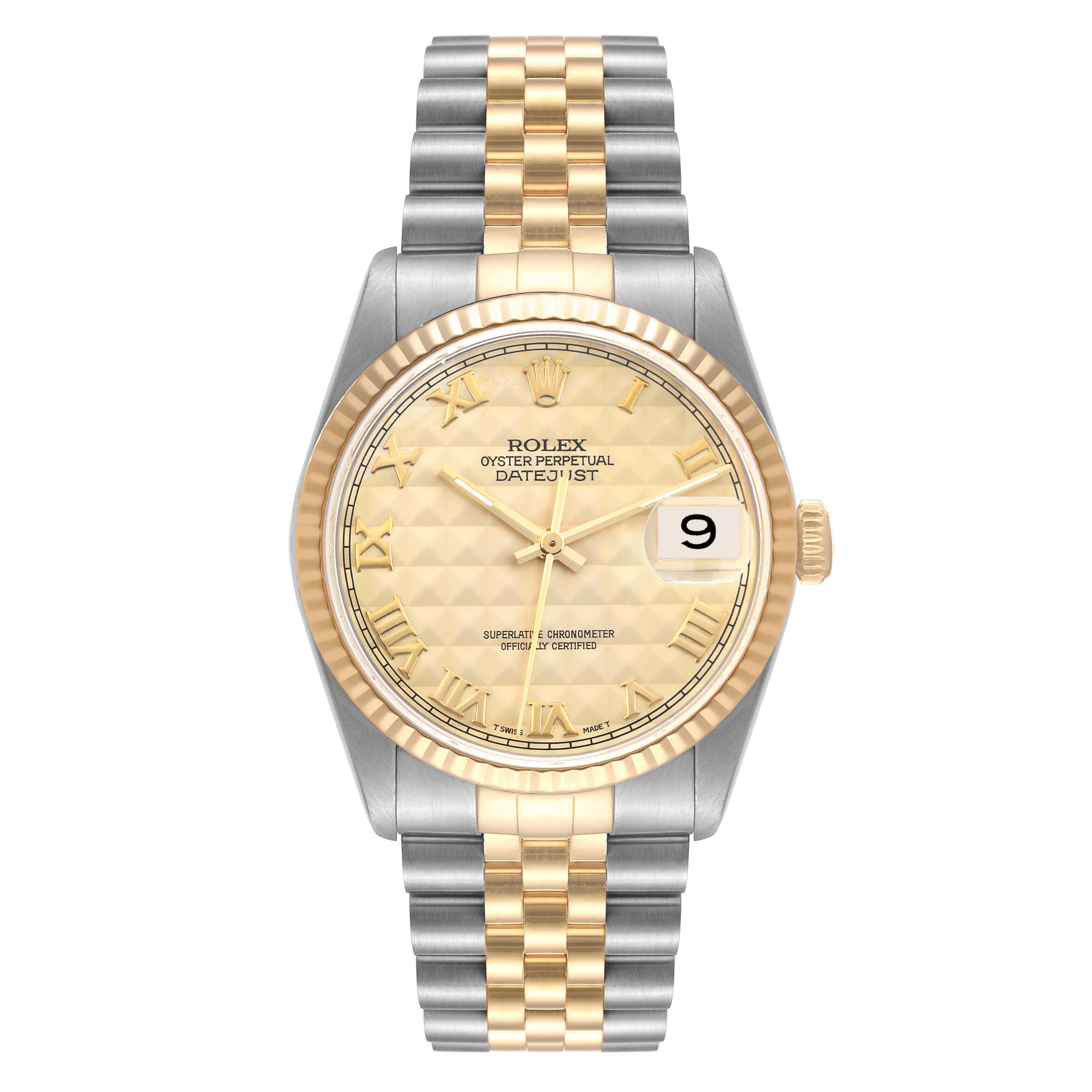 This Rolex Datejust 16233 Men's Steel and Gold (two tone) Champagne Dial 16233 Men's Steel and Gold (two tone) Champagne Dial watch is shown from a front angle, displaying its dial, bezel, and bracelet.