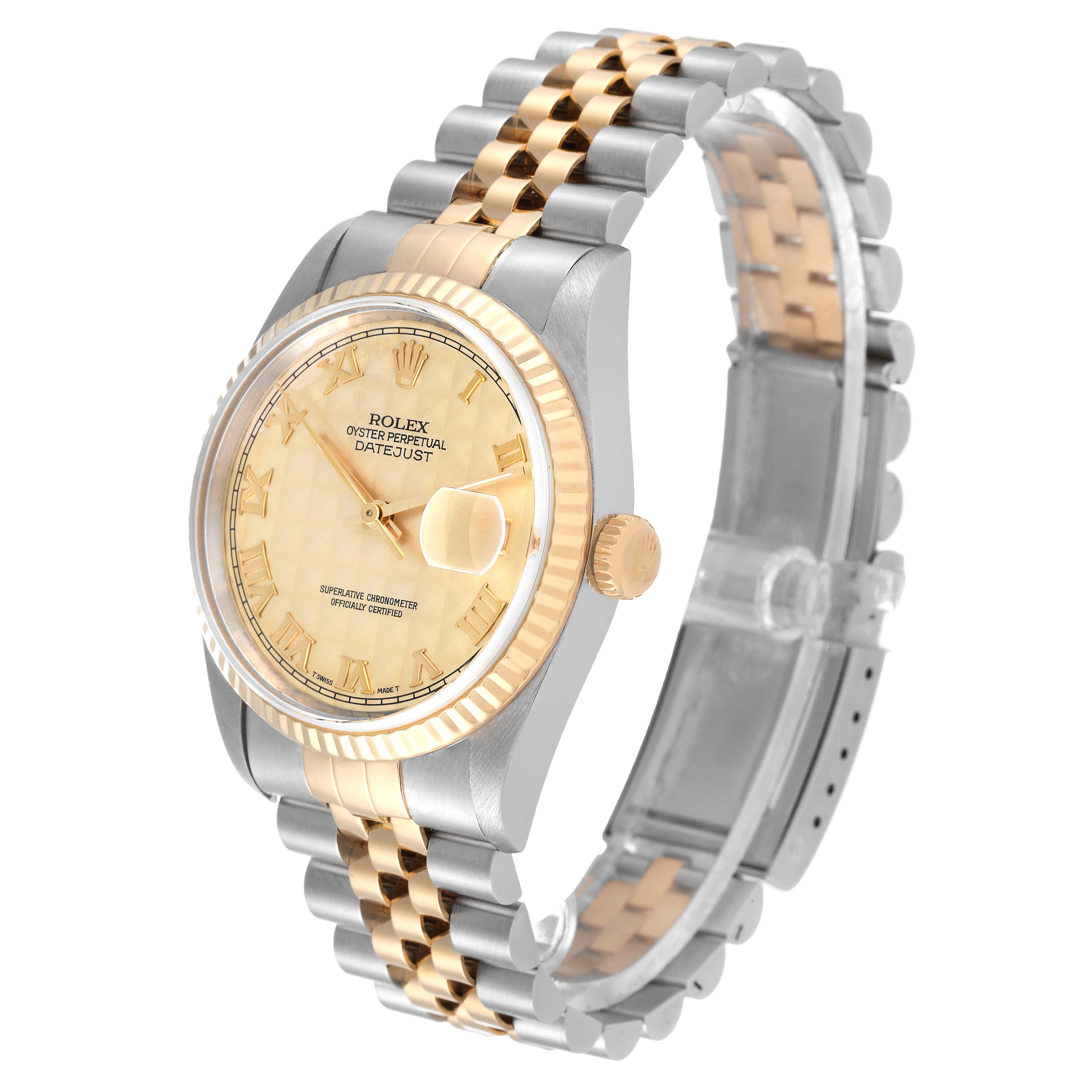 The Rolex Datejust 16233 Men's Steel and Gold (two tone) Champagne Dial 16233 Men's Steel and Gold (two tone) Champagne Dial watch is shown at an angled view, highlighting the face, crown, and bi-tone bracelet.