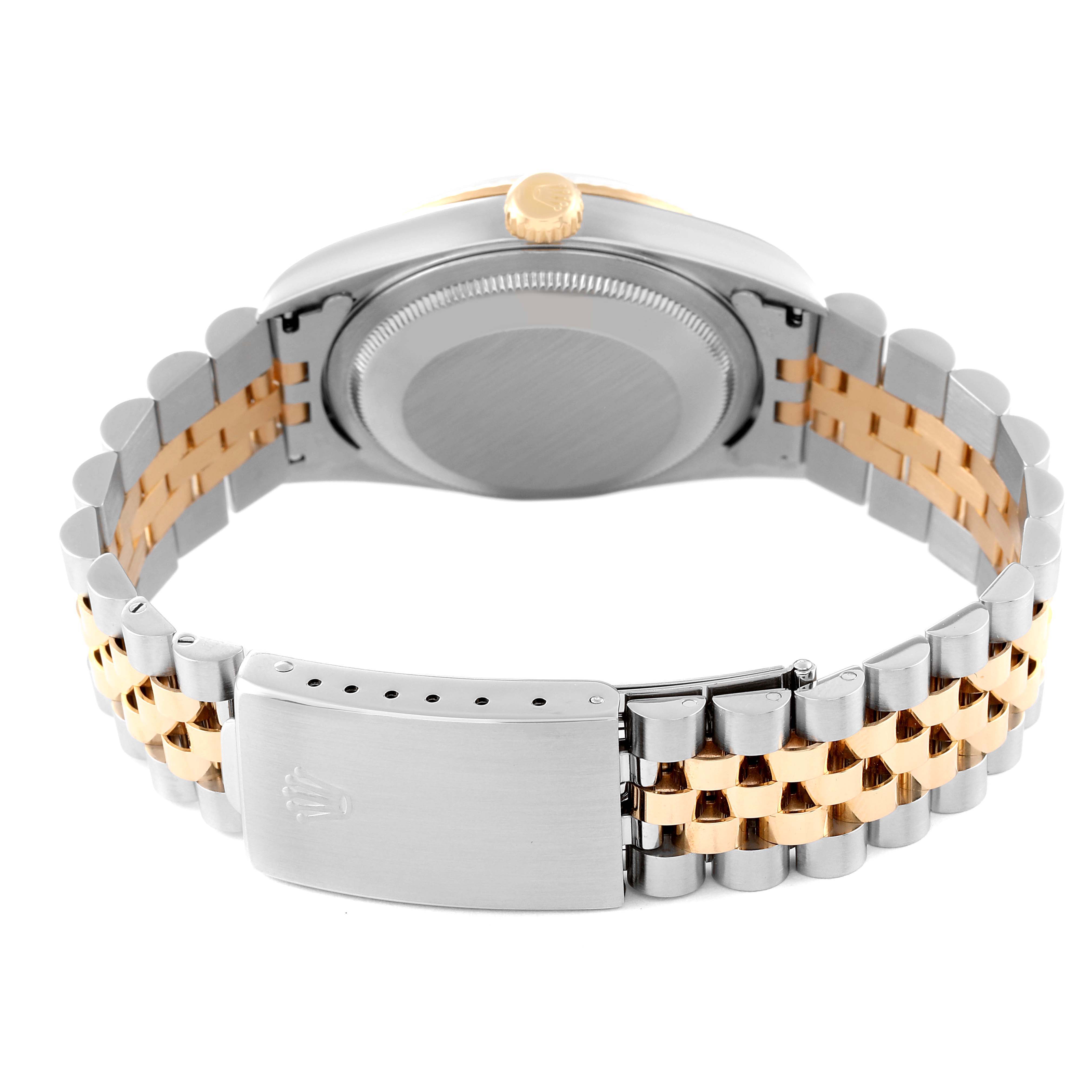This image shows the back view of a Rolex Datejust 16233 Men's Steel and Gold (two tone) Champagne Dial 16233 Men's Steel and Gold (two tone) Champagne Dial watch, featuring its two-tone bracelet and clasp.
