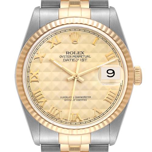 Photo of Rolex Datejust Steel Yellow Gold Champagne Pyramid Dial Mens Watch 16233