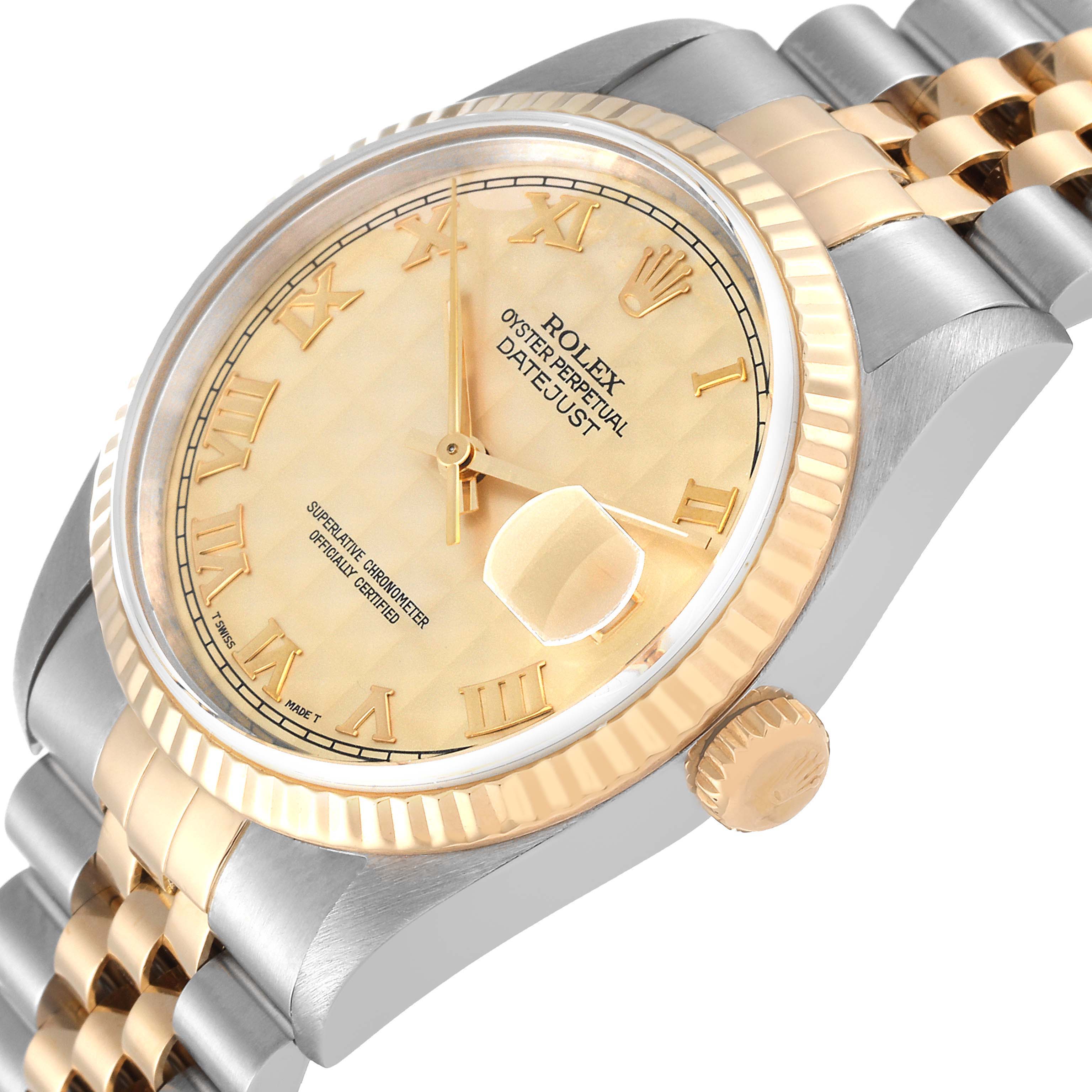 This image shows a Rolex Datejust 16233 Men's Steel and Gold (two tone) Champagne Dial 16233 Men's Steel and Gold (two tone) Champagne Dial watch at an angled close-up, highlighting the dial, bezel, crown, and part of the bracelet.