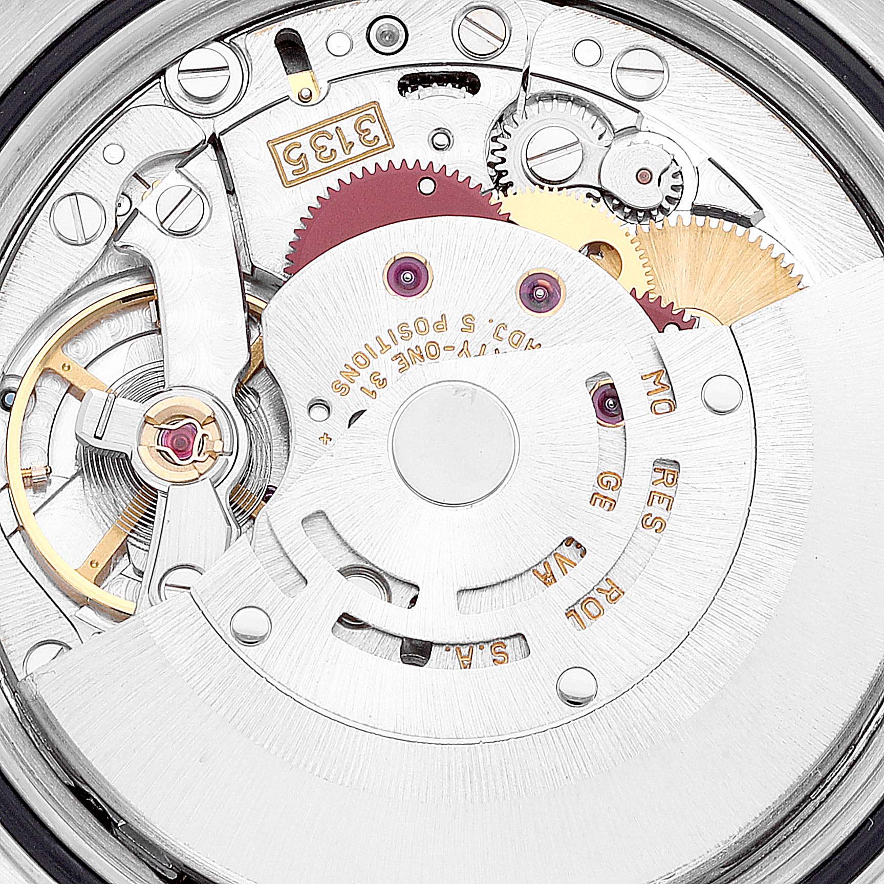 The image shows the movement and inner mechanics of a Rolex Datejust 16233 Men's Steel and Gold (two tone) Champagne Dial 16233 Men's Steel and Gold (two tone) Champagne Dial watch from a zoomed-in, detailed angle.