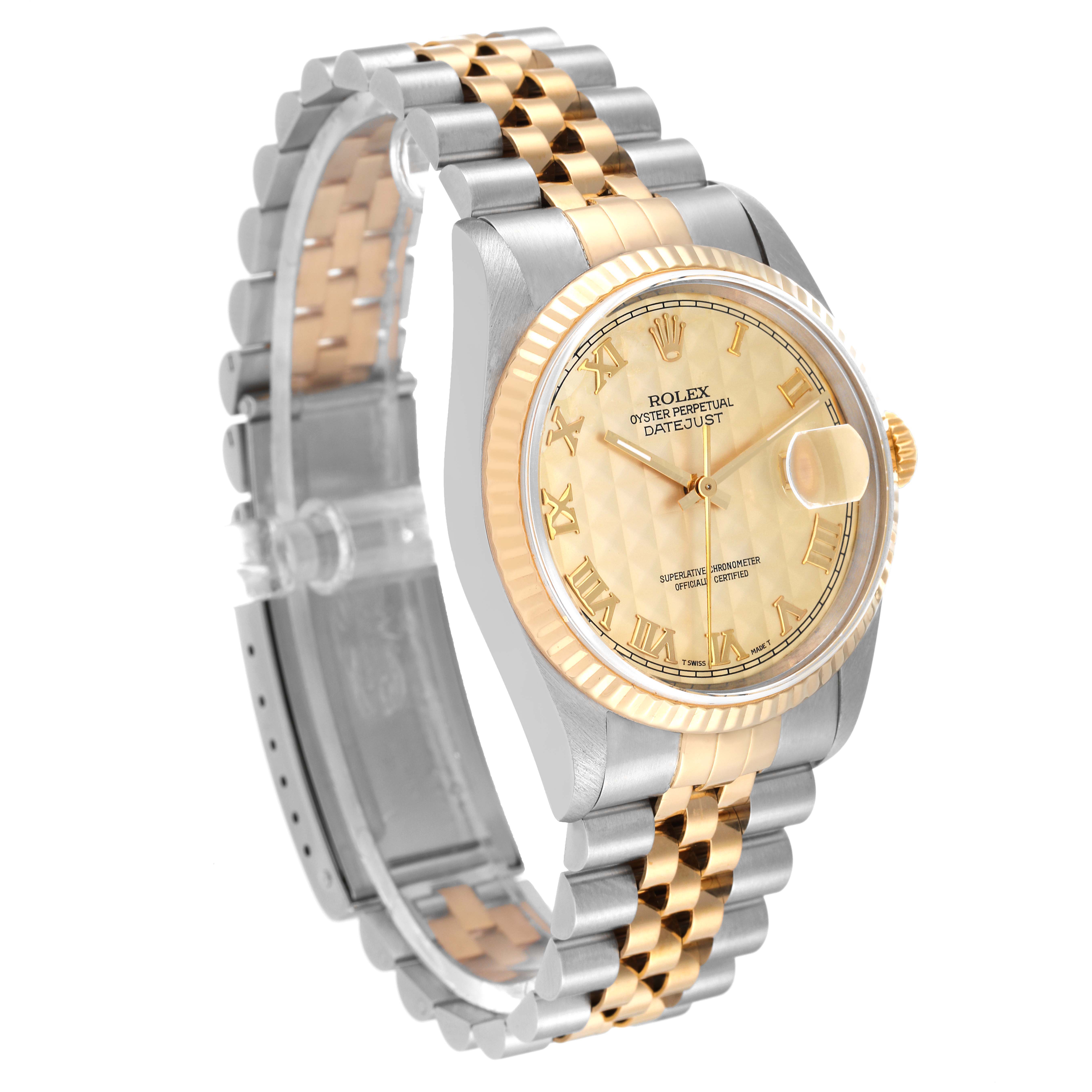 The image shows a Rolex Datejust 16233 Men's Steel and Gold (two tone) Champagne Dial 16233 Men's Steel and Gold (two tone) Champagne Dial watch angled to display the face, bezel, and two-tone bracelet.