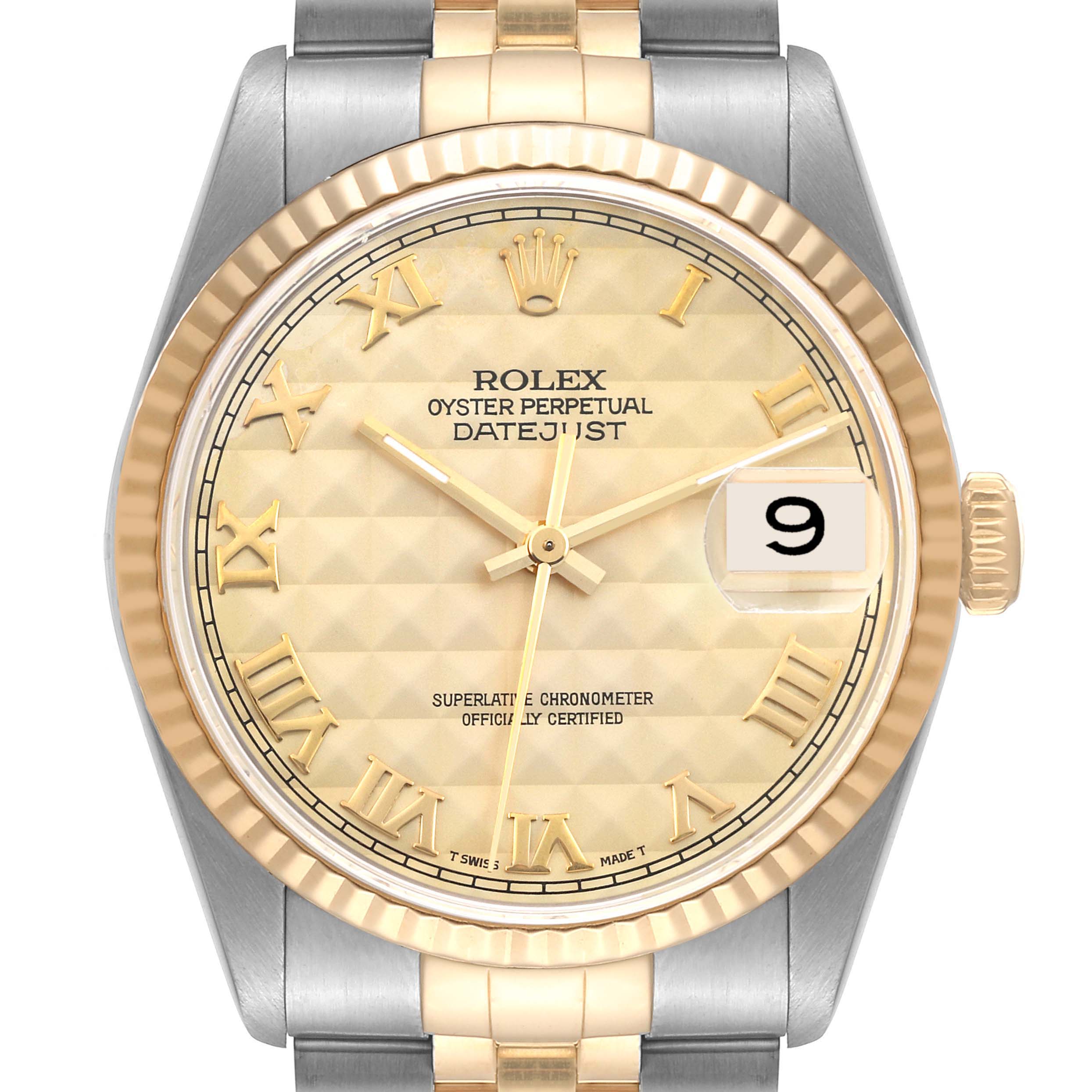 This image shows a close-up of the face and bezel of a Rolex Datejust 16233 Men's Steel and Gold (two tone) Champagne Dial 16233 Men's Steel and Gold (two tone) Champagne Dial watch, with focus on the dial, hands, and date aperture.