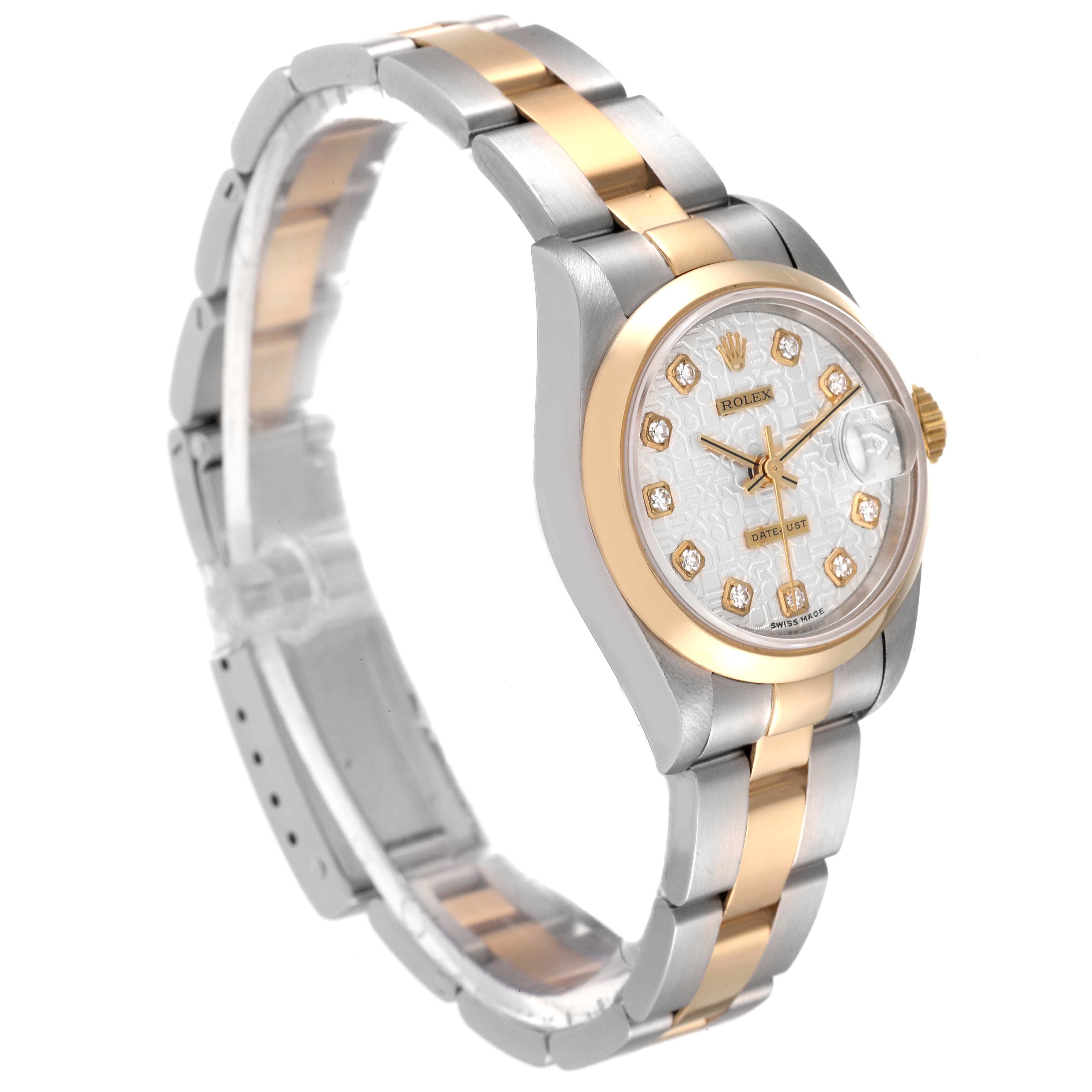 This image shows a close-up side angle of a Rolex Datejust 69163 Women's Steel and Gold (two tone) Silver Dial 69163 Women's Steel and Gold (two tone) Silver Dial watch, highlighting its two-tone bracelet and diamond markers on the dial.