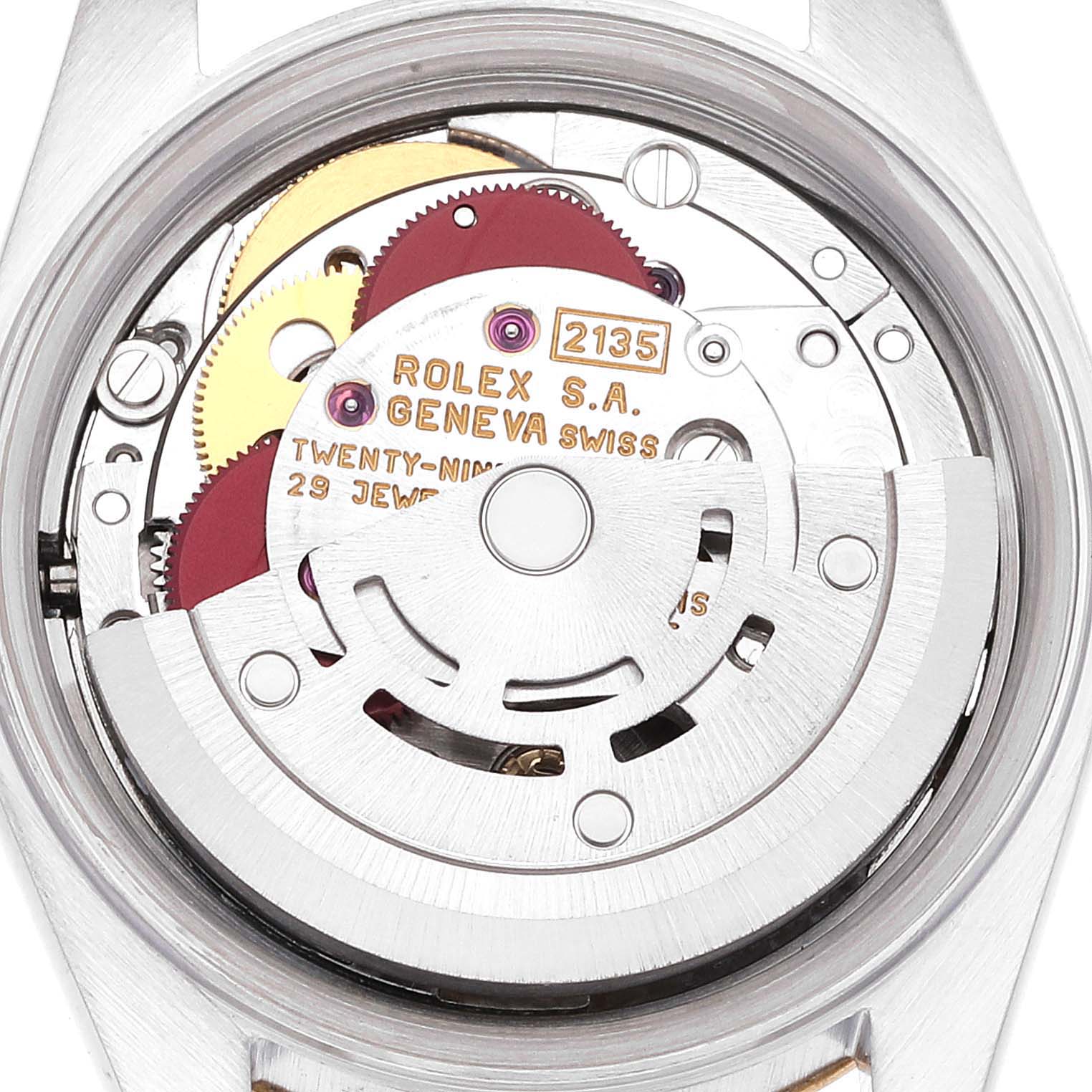 The image shows the movement and internal mechanism of a Rolex Datejust 69163 Women's Steel and Gold (two tone) Silver Dial 69163 Women's Steel and Gold (two tone) Silver Dial watch from a top-down angle.
