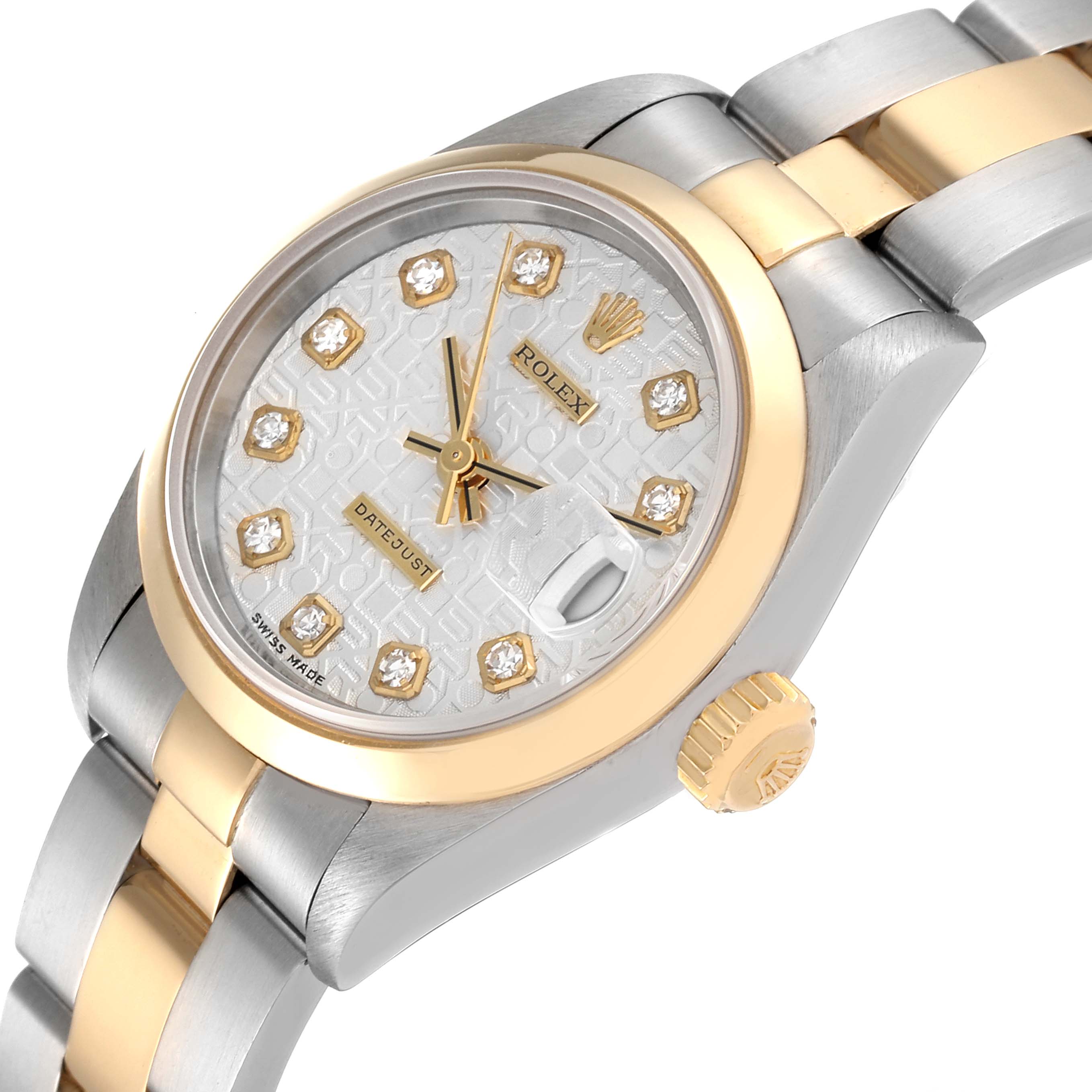 The image shows a close-up of a Rolex Datejust 69163 Women's Steel and Gold (two tone) Silver Dial 69163 Women's Steel and Gold (two tone) Silver Dial watch featuring its face, bezel, crown, and part of the bracelet at an angle.