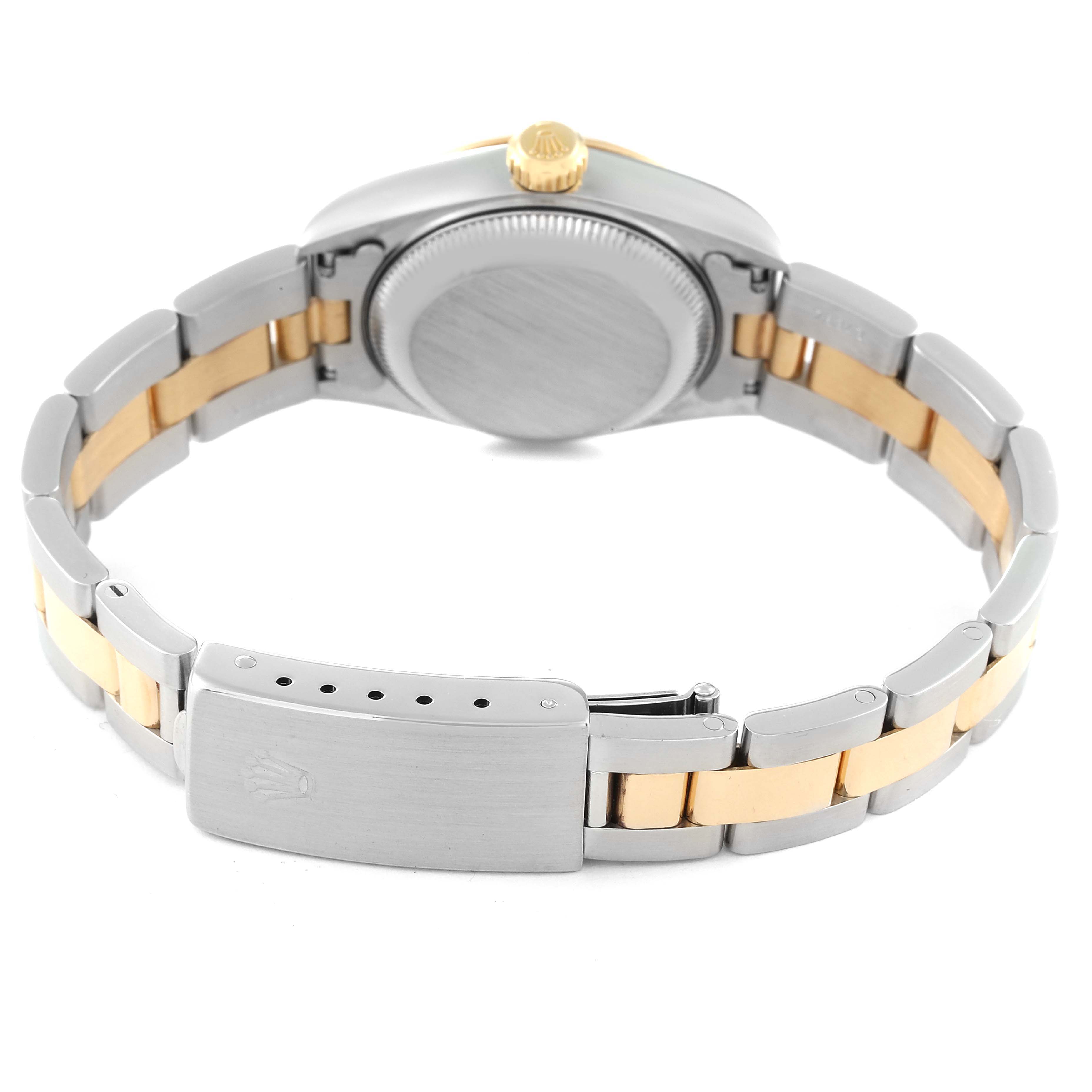 The image shows the back and bracelet of a Rolex Datejust 69163 Women's Steel and Gold (two tone) Silver Dial 69163 Women's Steel and Gold (two tone) Silver Dial watch, highlighting its two-tone metal design and clasp.