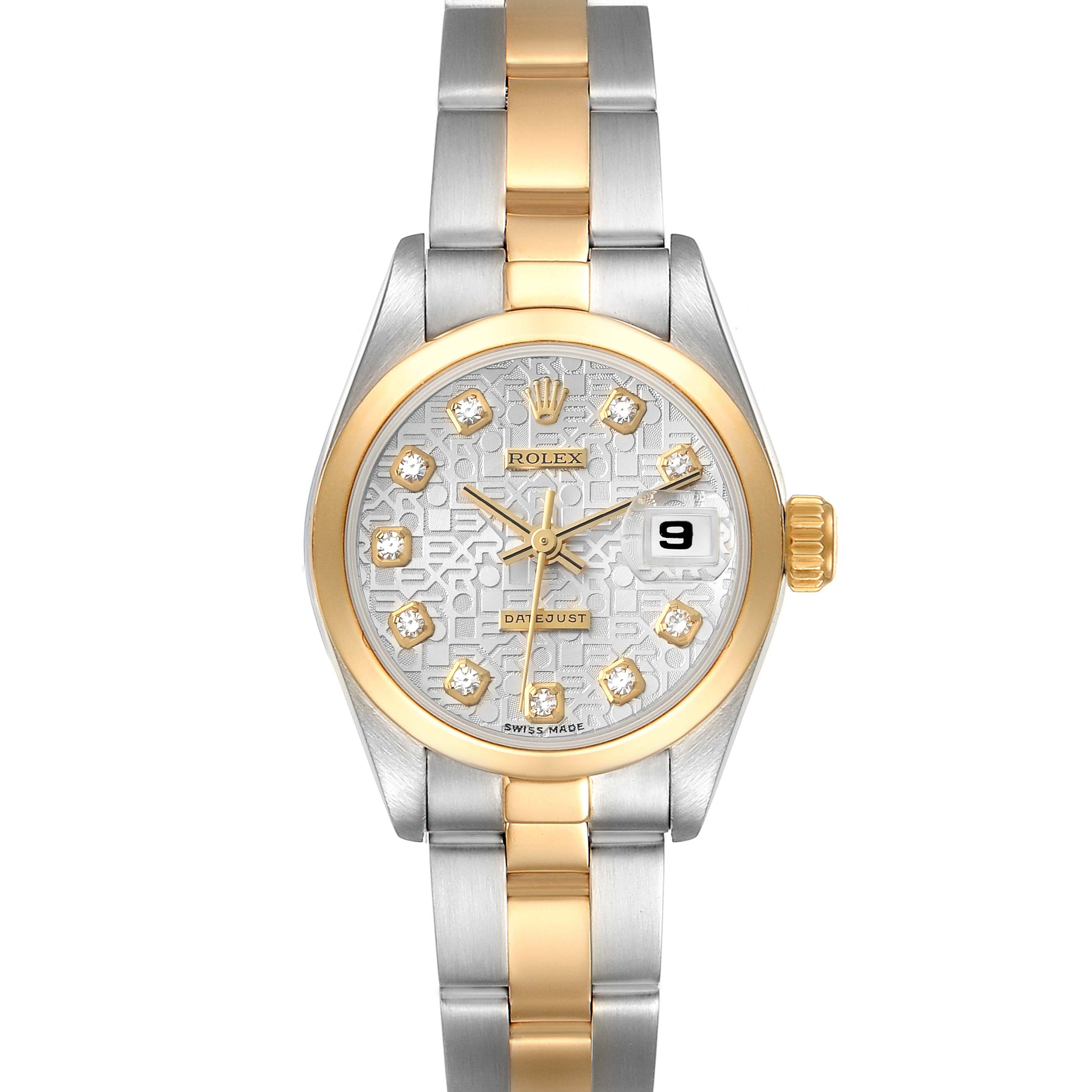 The image shows a Rolex Datejust 69163 Women's Steel and Gold (two tone) Silver Dial 69163 Women's Steel and Gold (two tone) Silver Dial watch from a top-down angle, highlighting its dial, bezel, and two-tone bracelet.