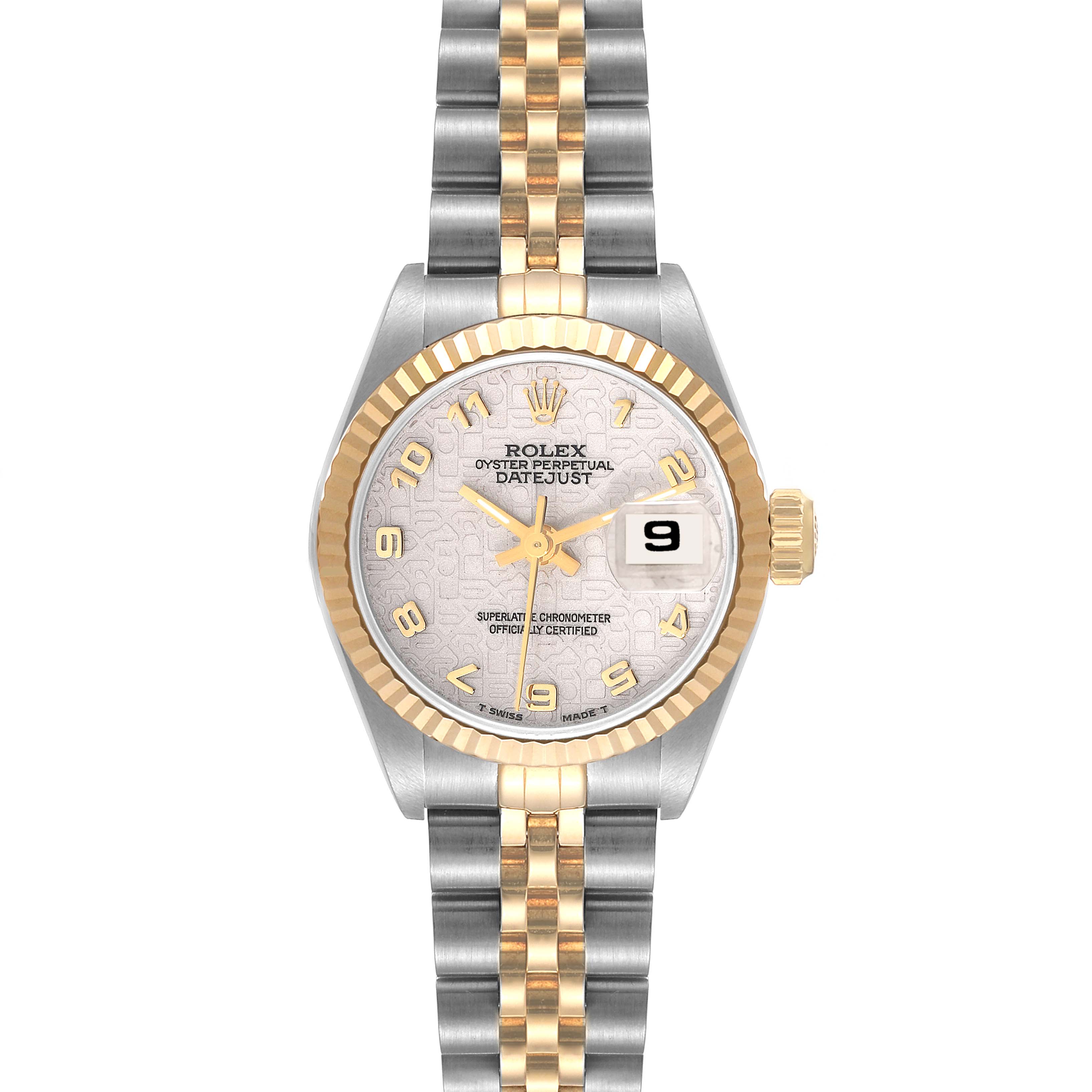 This image shows a Rolex Datejust 69173 Women's Steel and Gold (two tone) Beige Dial 69173 Women's Steel and Gold (two tone) Beige Dial watch with a two-tone bracelet and fluted bezel, displayed from a straight-on angle.