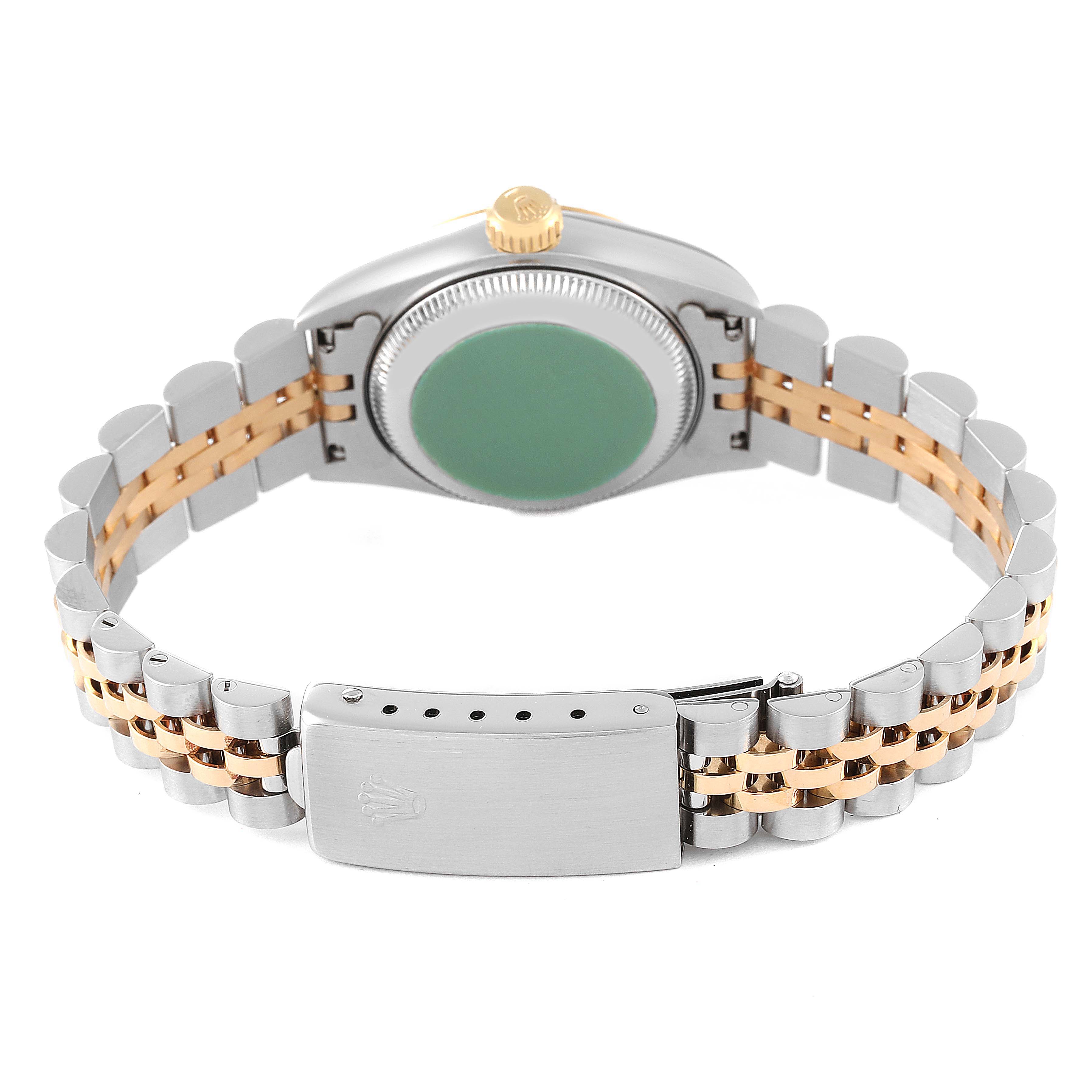 The image shows the back view of a Rolex Datejust 69173 Women's Steel and Gold (two tone) Beige Dial 69173 Women's Steel and Gold (two tone) Beige Dial, highlighting the case back and two-tone bracelet clasp.