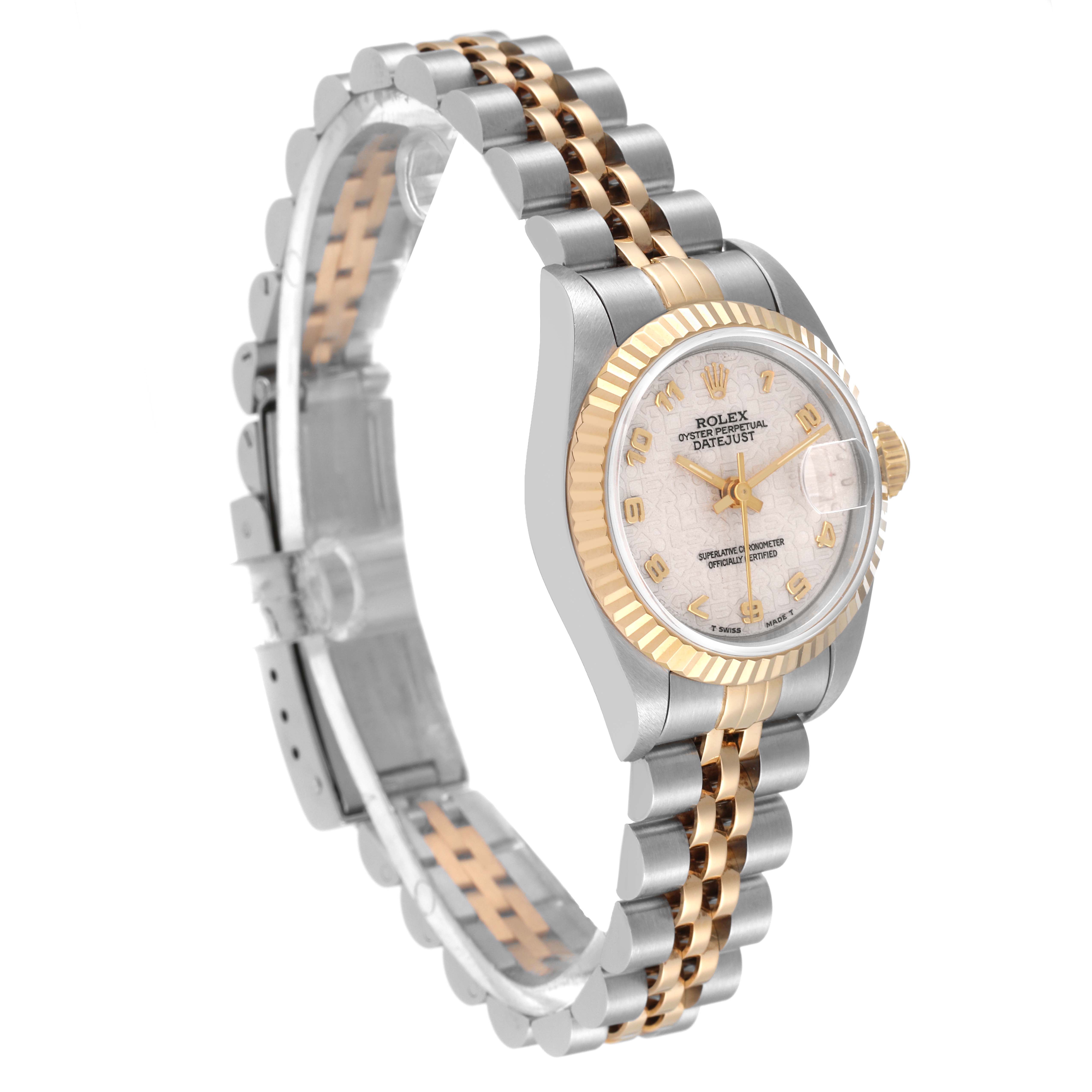 The Rolex Datejust 69173 Women's Steel and Gold (two tone) Beige Dial 69173 Women's Steel and Gold (two tone) Beige Dial watch is shown at a side angle, highlighting the face, bezel, crown, and part of the band.