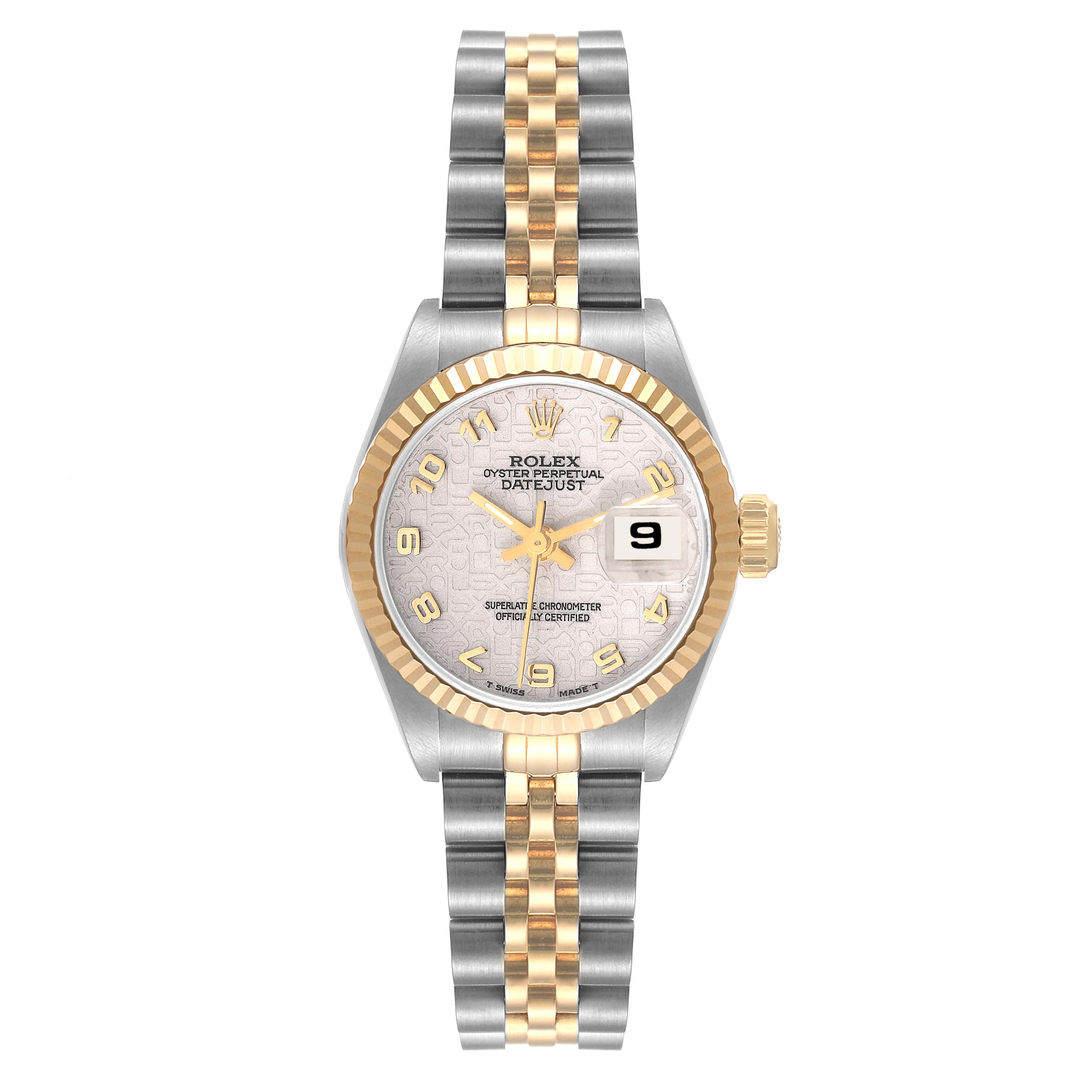 The image shows a front view of the Rolex Datejust 69173 Women's Steel and Gold (two tone) Beige Dial 69173 Women's Steel and Gold (two tone) Beige Dial watch, highlighting the face, bezel, and bracelet.