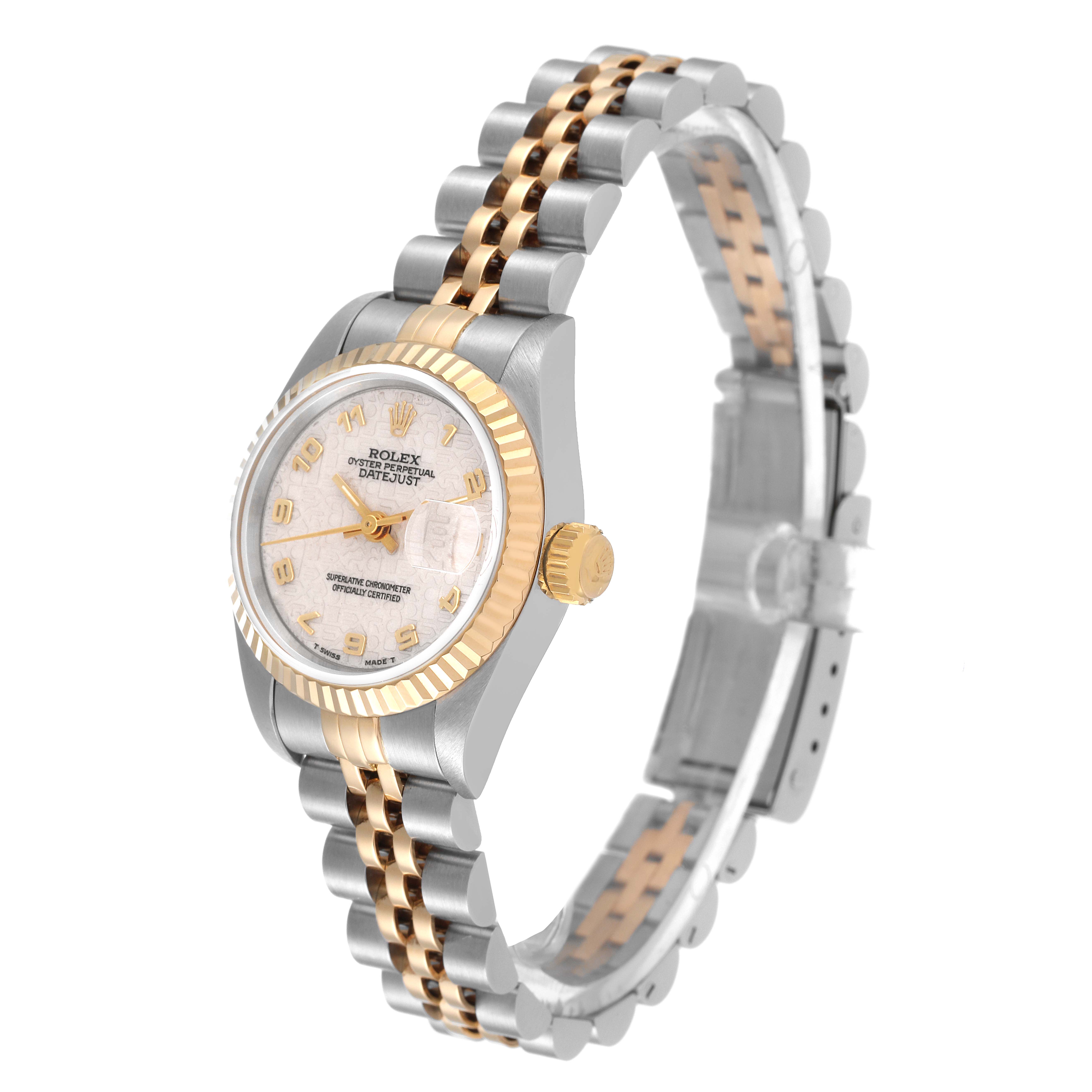 The Rolex Datejust 69173 Women's Steel and Gold (two tone) Beige Dial 69173 Women's Steel and Gold (two tone) Beige Dial watch is shown at a 3/4 angle, highlighting its bezel, crown, face, and two-tone bracelet.